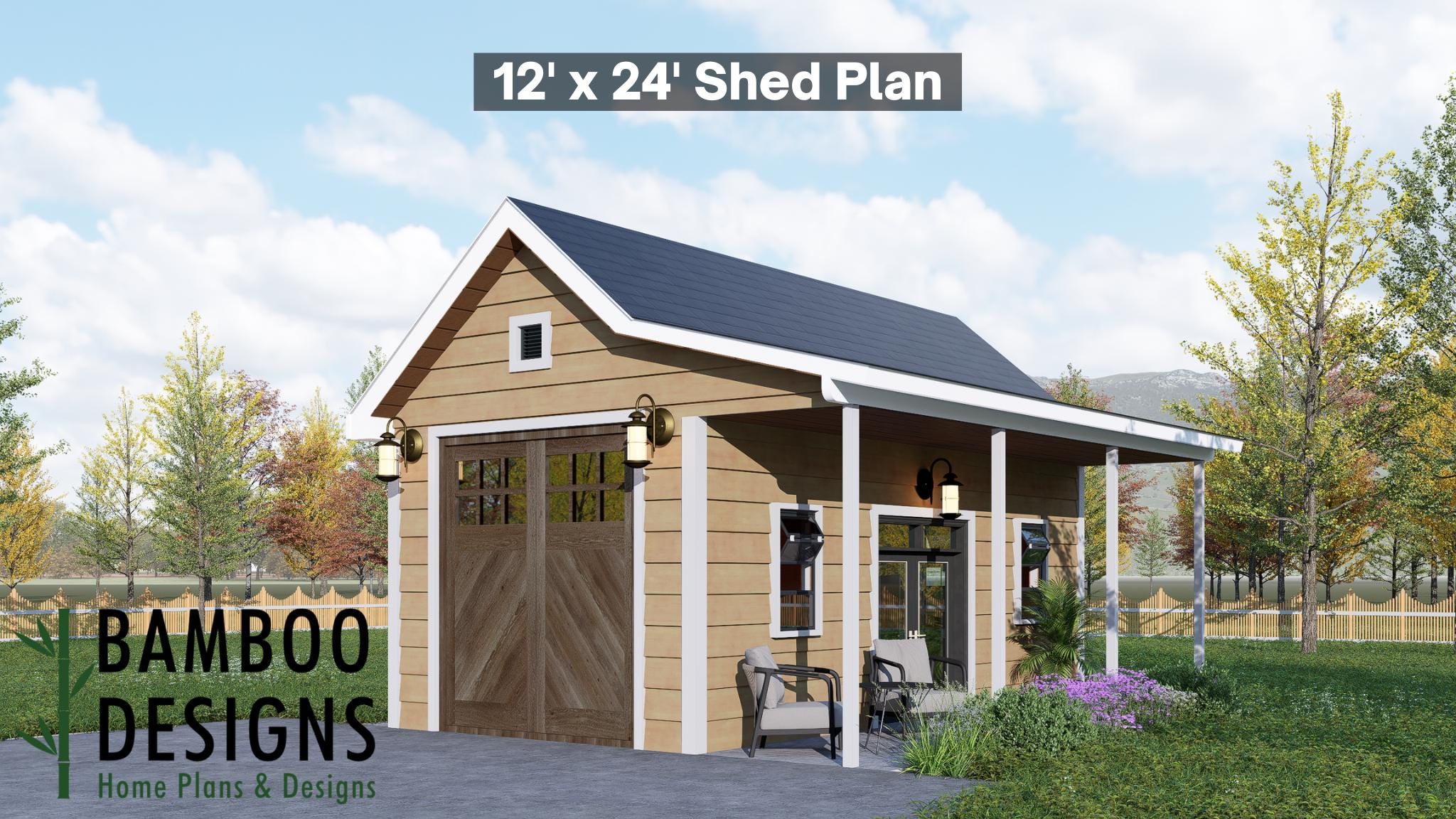 Image of Fawn 12x24 Garage Shed Plan - A Porch-Enhanced Garage Designed for Warm Charm, Flexible Storage & Everyday Backyard Living