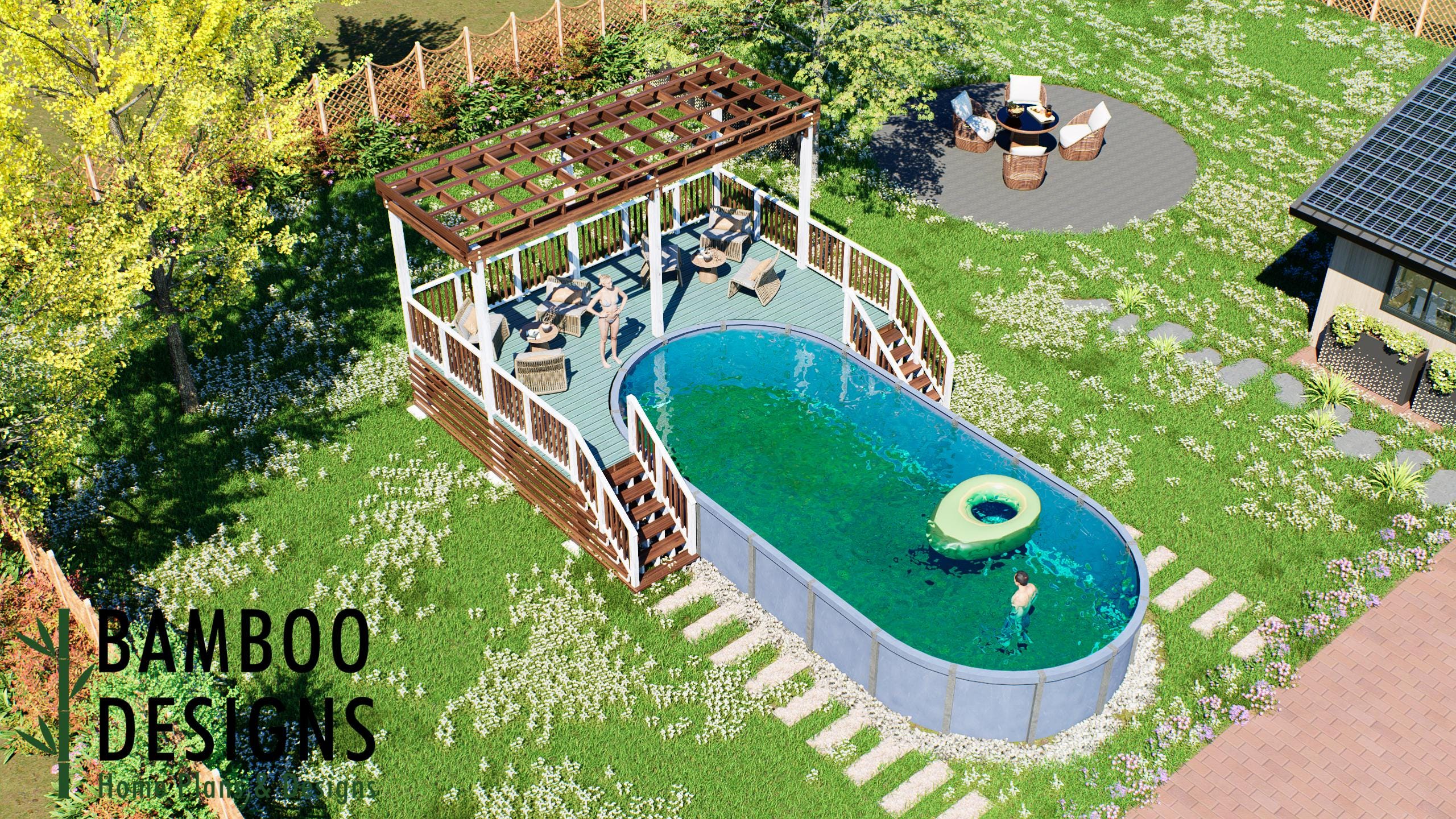 Image of Suminawa Oval Pool Deck Plan - 16' x 24' Above-Ground Pool Deck for 16' x 32' Oval Pools with Staircase | DIY PDF Plans