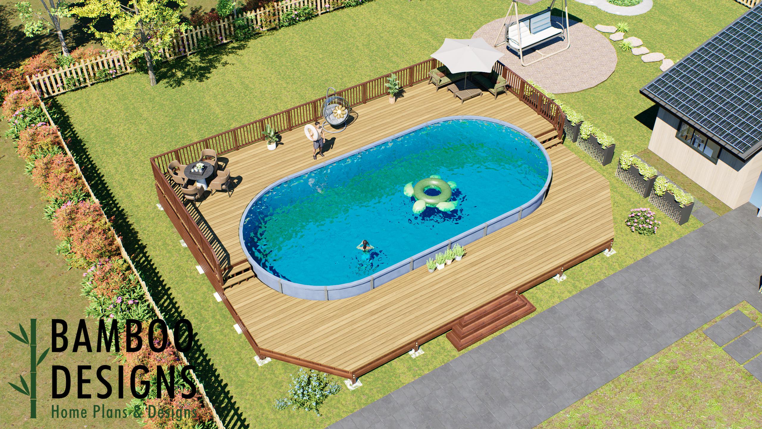 Image of Massa Oval Pool Deck Plan - 38'x51' Luxury Above-Ground Pool Deck with Multiple Staircases | DIY PDF Plans for 21'x43' Oval Pools
