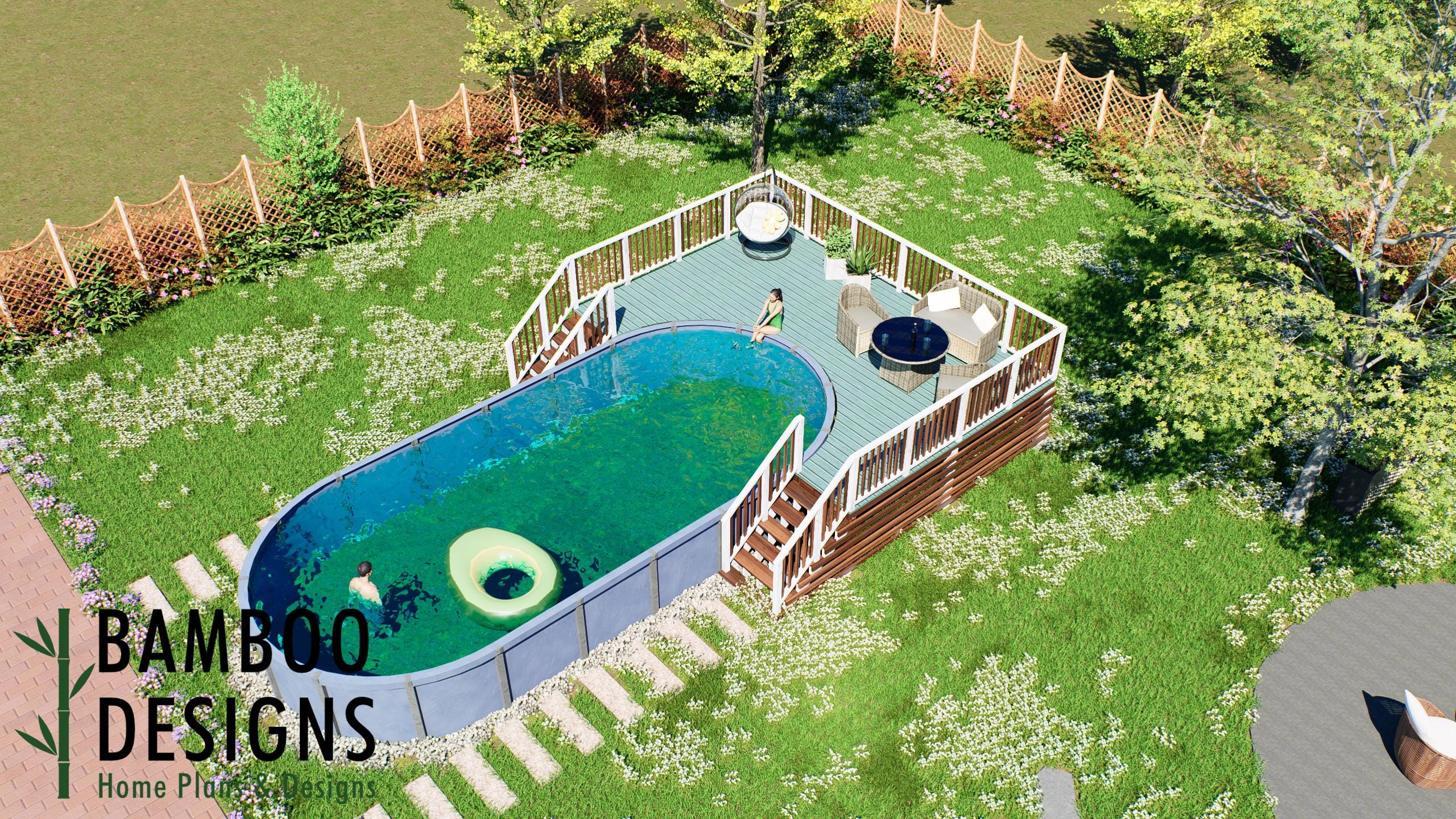 Image of Yasuo Oval Pool Deck Plan - 16' x 24' Above-Ground Pool Deck for 16' x 32' Oval Pools with Staircase | DIY PDF Plans