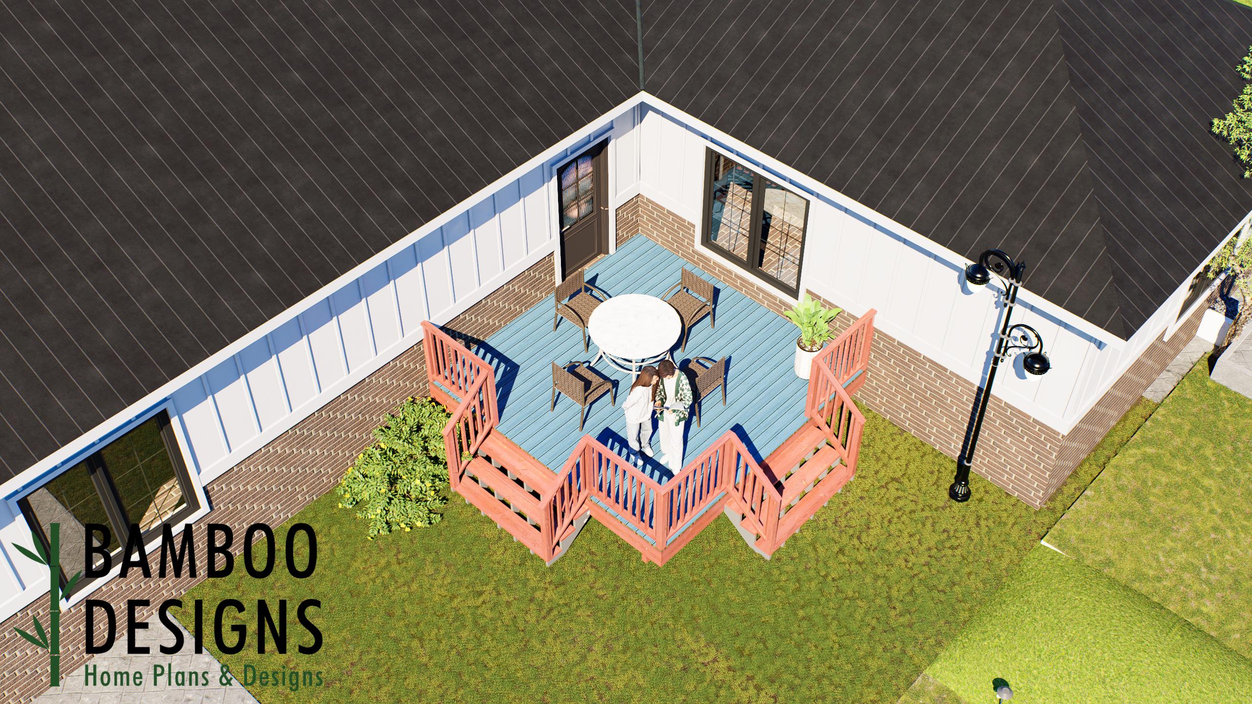 Image of Olimpo 14x14 Freestanding Corner Deck Plan — Large Backyard Platform Deck | DIY PDF Plans