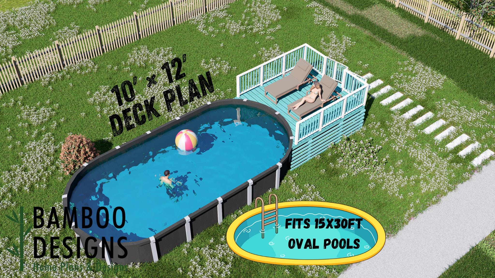 Image of Drift Oval Pool Deck Plan - 15x30 Pool | 10x12 Ultra-Compact Entry Deck | DIY PDF Plans