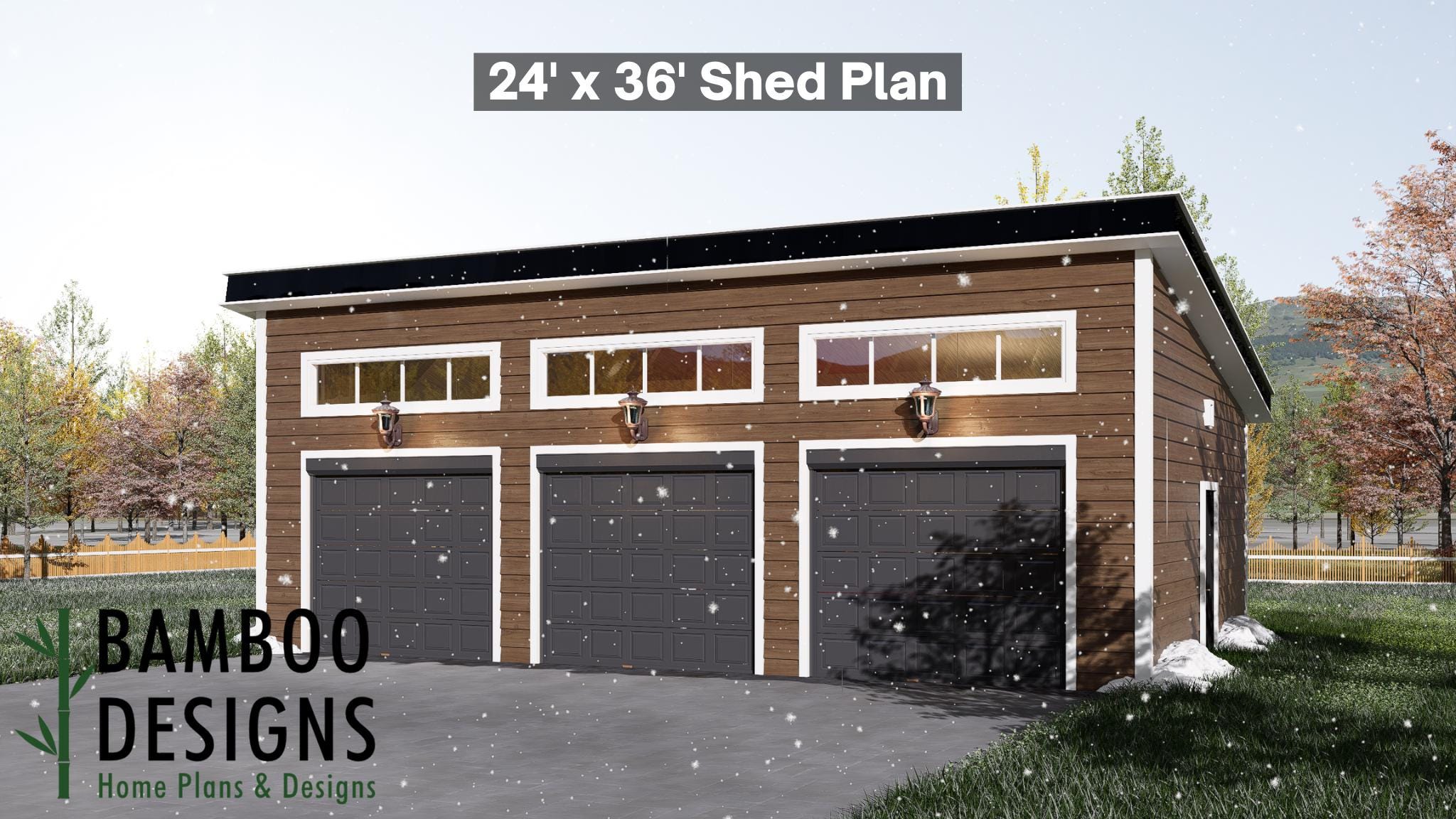 Image of Easton 24x36 Garage Shed Plan - A Modern Three-Bay Garage with Sleek Sloped Roof