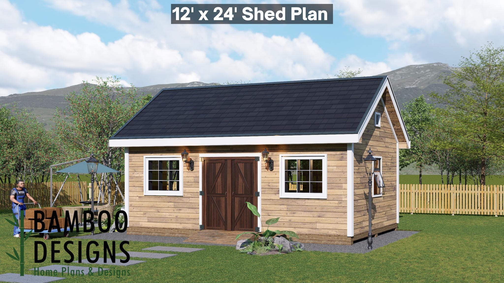 Image of Auren 12x24 Gable Roof Shed Plan - Spacious Workshop, Studio, or Backyard Office | DIY Construction Plans (PDF)