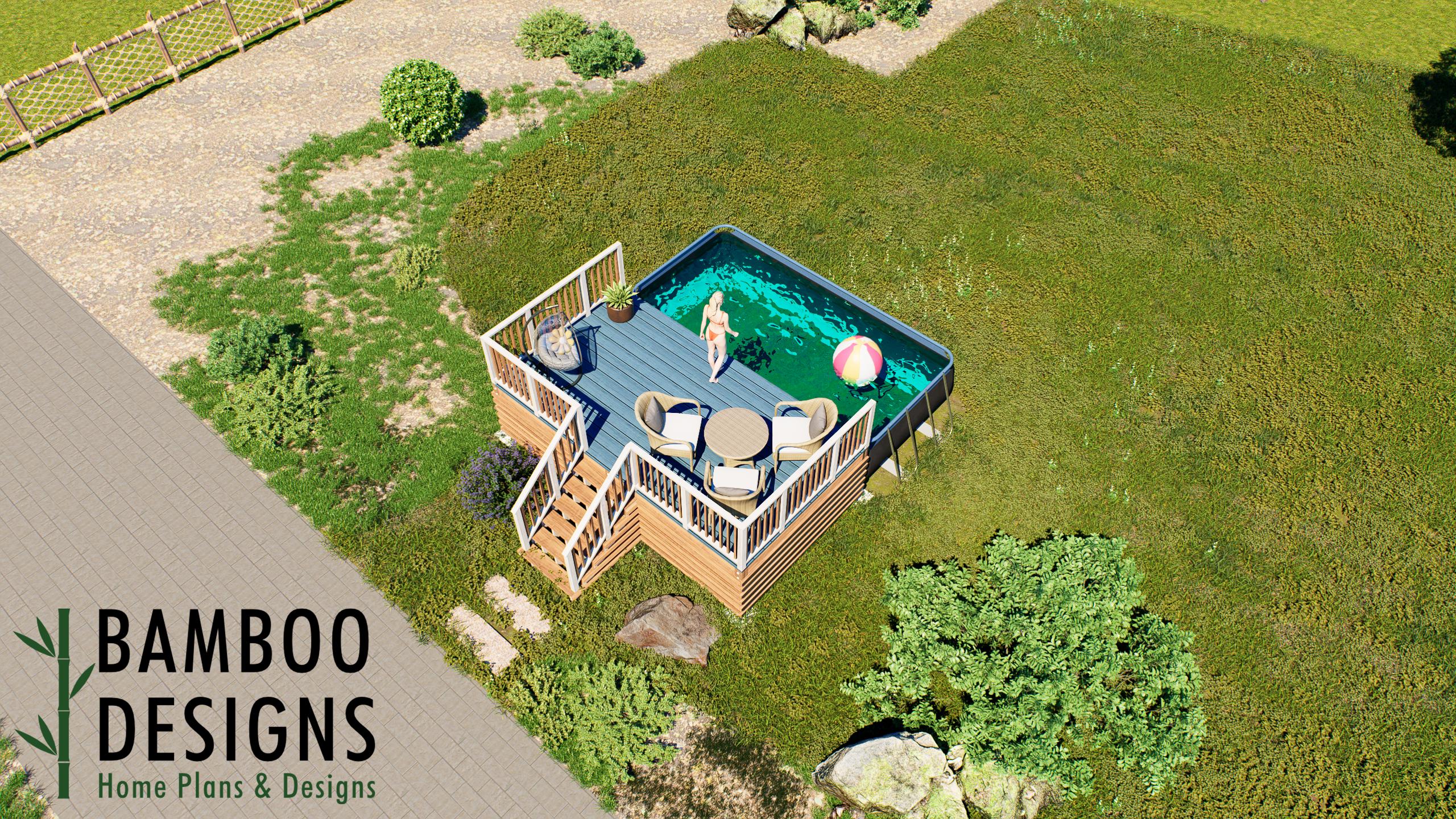 Image of Meeka 10x18 Pool Deck Plan — Spacious Rectangular Deck for 18' x 9' x 48" Above Ground Pool | DIY PDF Plans