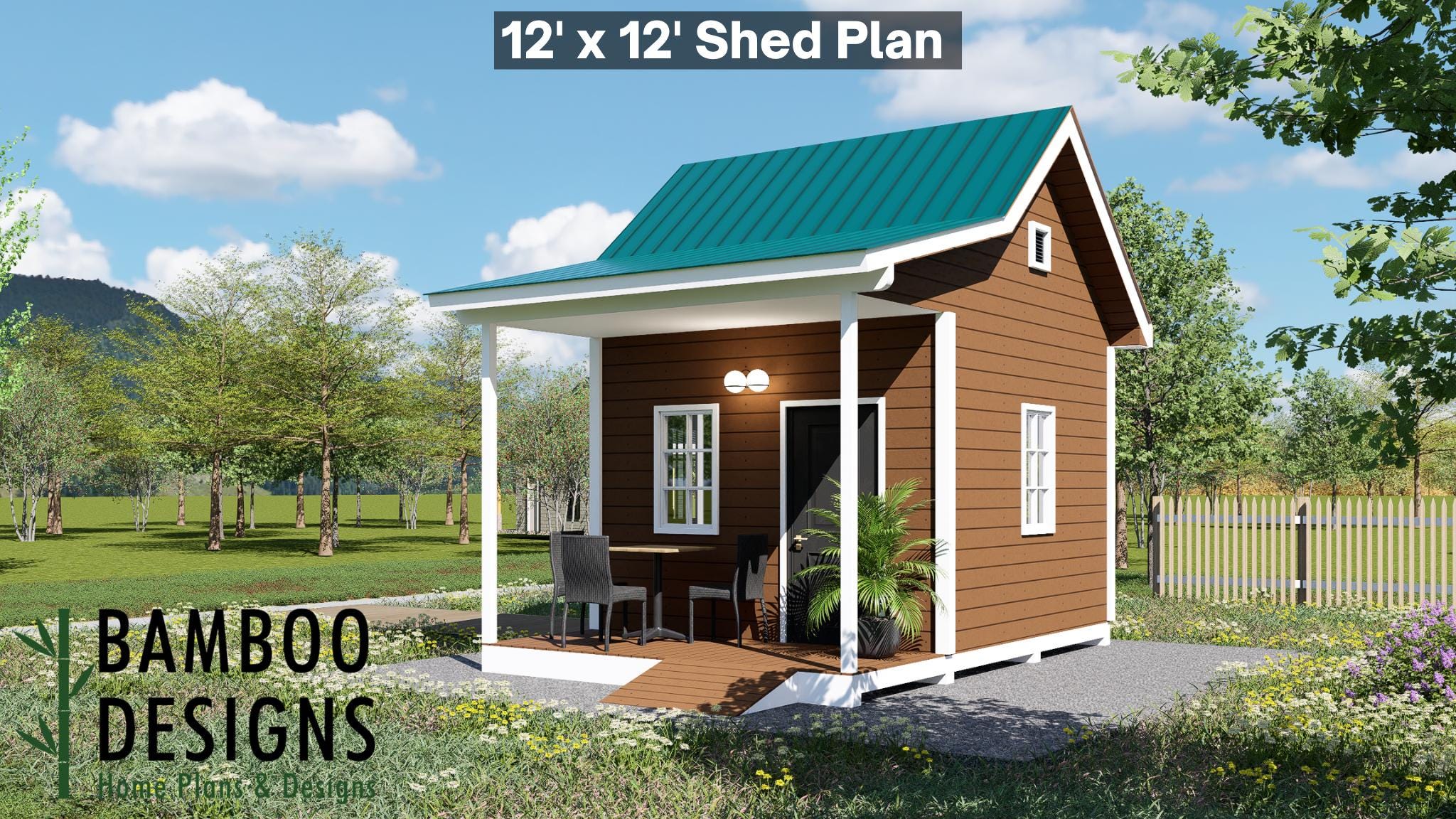 Image of Swilla 12x12 Shed with Porch Plan - Modern Gable Roof Garden Studio | Backyard Office or Workshop Design (PDF)