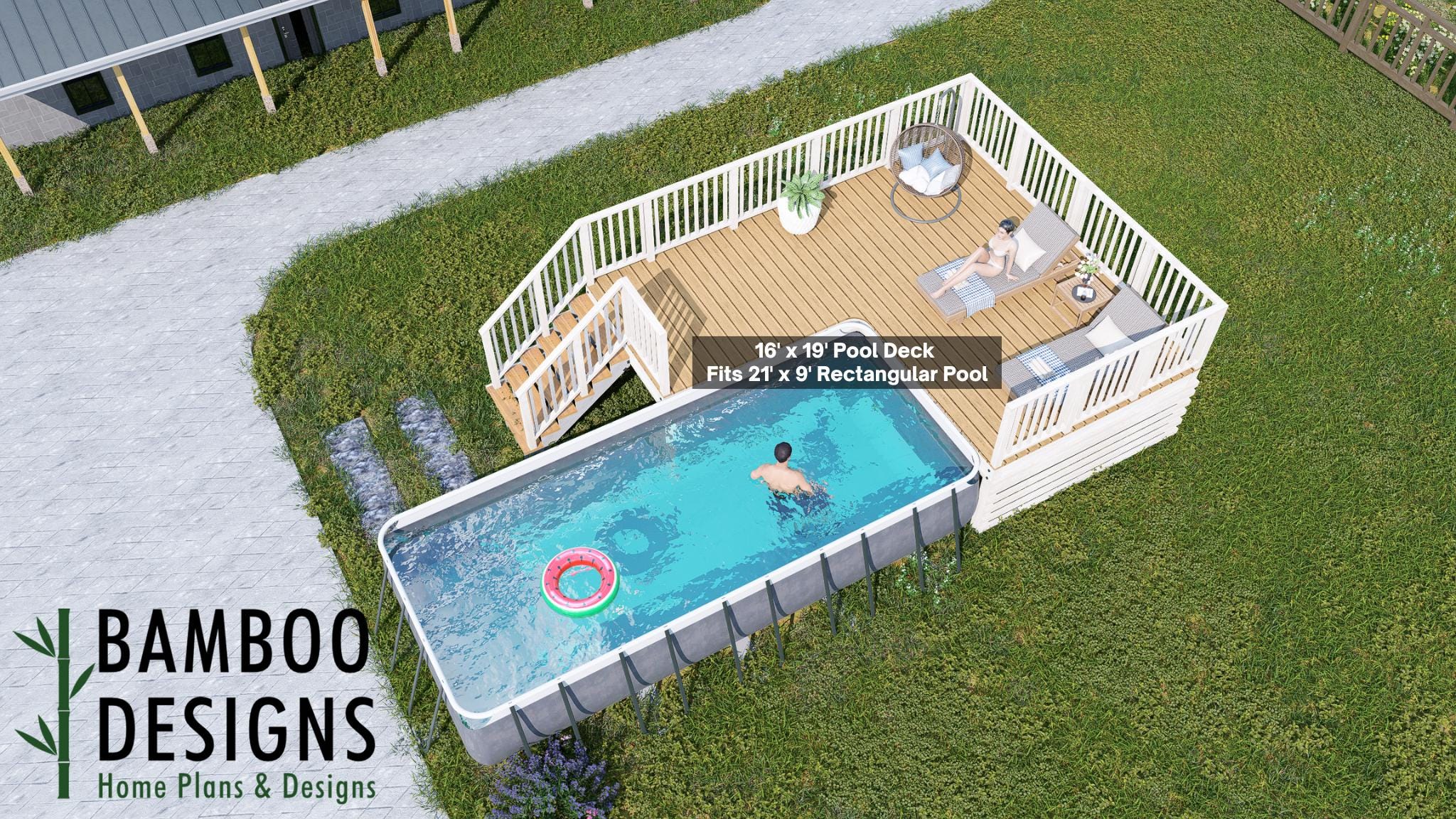 Image of Jasper Rectangular Pool Deck Plan - 16x19 Elevated Swimming Deck with Lounge Area | DIY PDF Plans