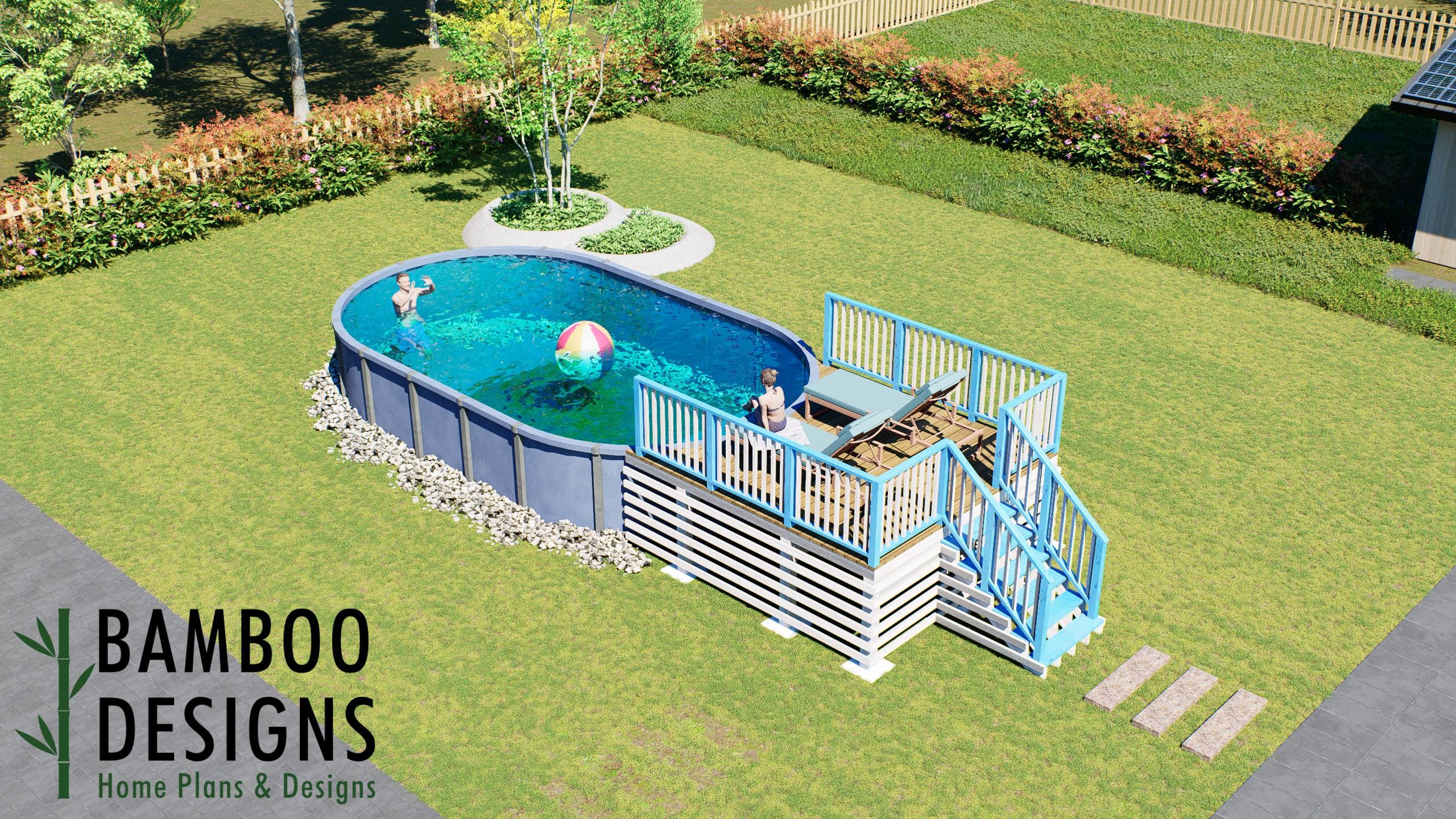 Image of Peggy Oval Pool Deck Plan - 10x12 Above-Ground Pool Entry Deck with Staircase & Gathering Platform | DIY PDF Plans
