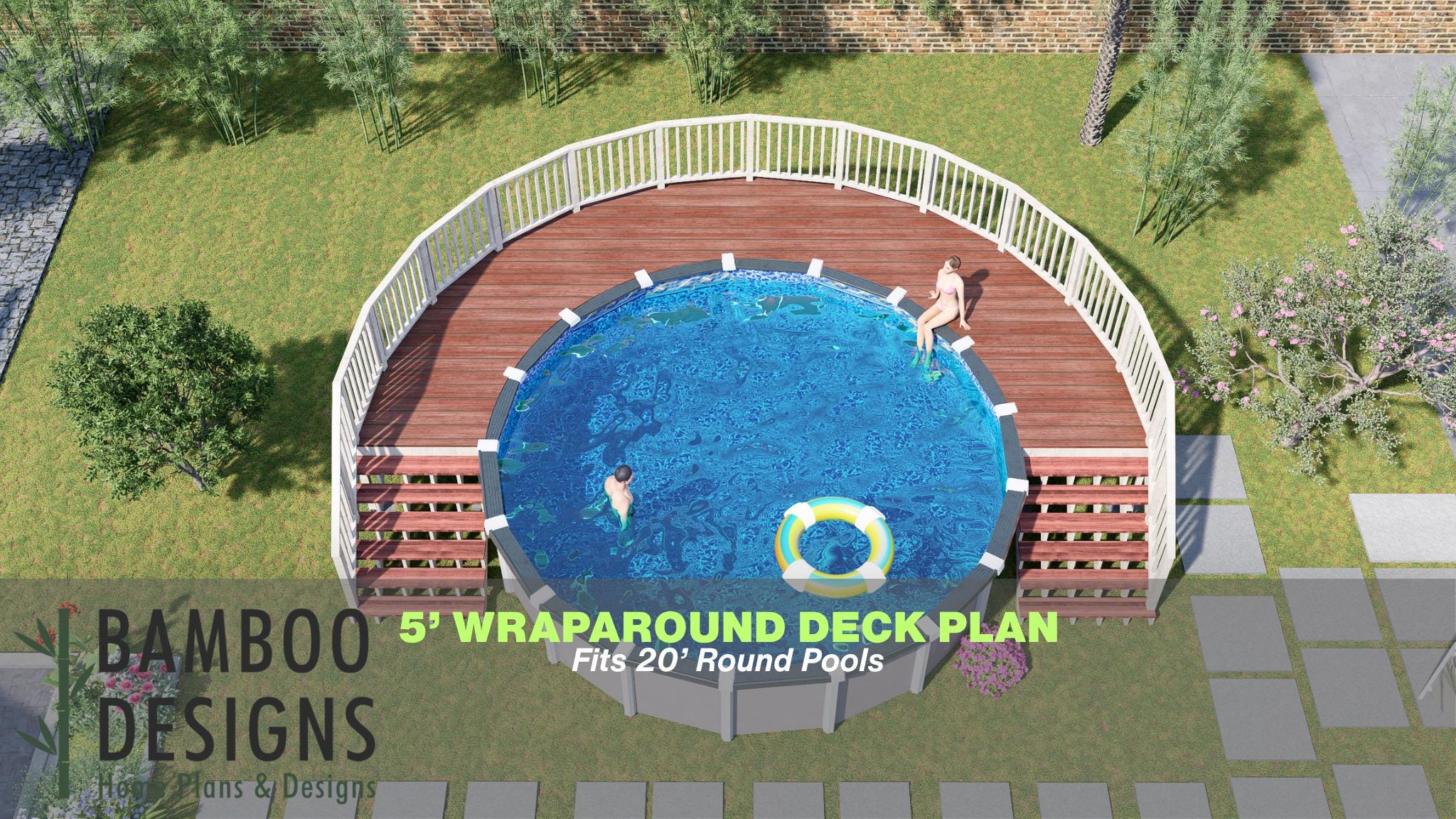 Image of Weston Round Pool Deck Plan - 5' Wraparound Above-Ground Pool Deck for 20' Round Pools with Stair Access | DIY PDF Plans