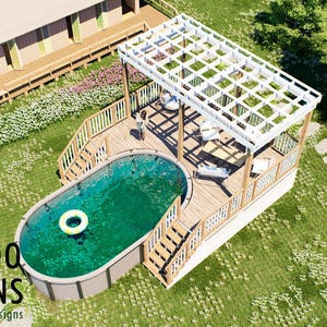 May include: An aerial view of an oval swimming pool with a yellow inner tube, connected to a wooden deck featuring a white pergola, stairs, and railings. The text BAMBOO DESIGNS Home Plans & Designs is visible in the lower left corner of the image.