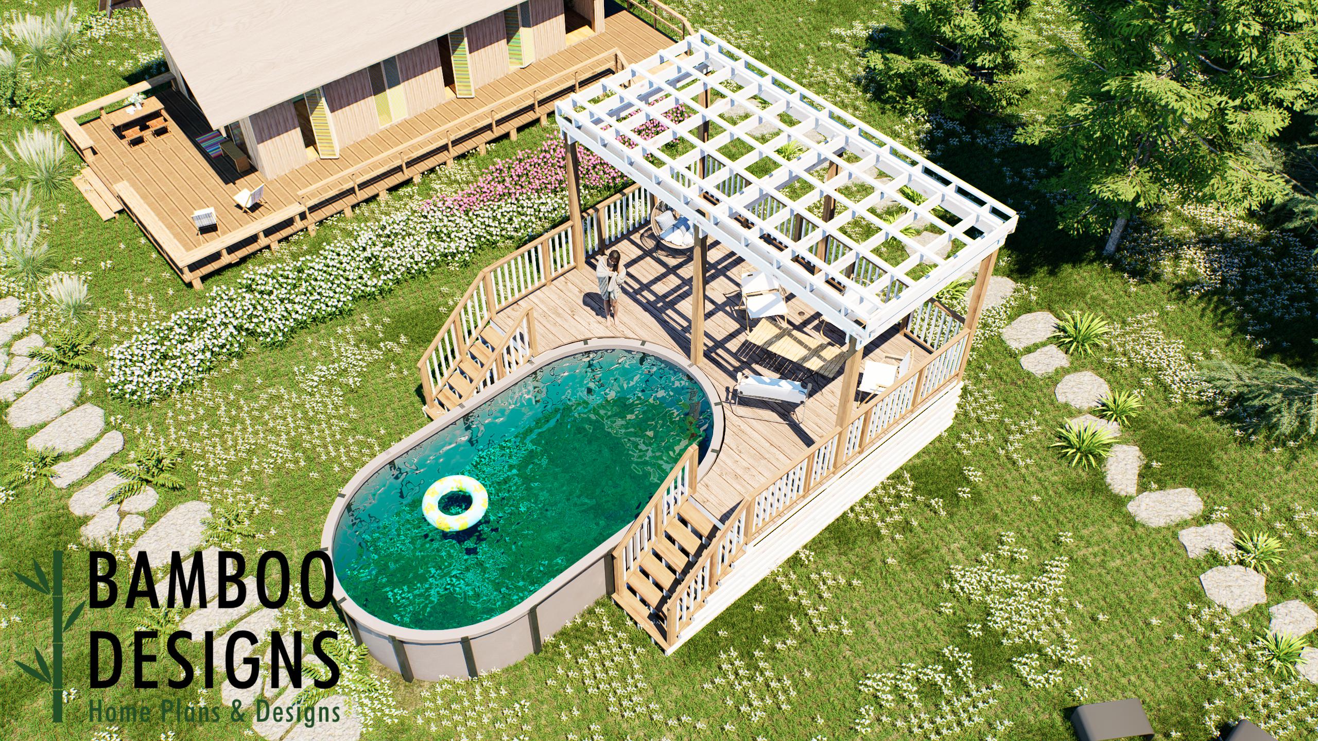 Image of Kogoro Oval Pool Deck Plan - 16'x20' Above-Ground Pool Deck for 12'x21' Oval Pools with Staircase & Railings | DIY PDF Plans