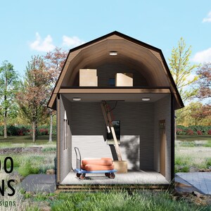 May include: Architectural rendering of a small barn-style structure with a loft, open front, and a blue hand truck. The structure has a wooden arched roof and is surrounded by trees and grass. The text "BAMBOO DESIGNS Plans & Designs" is visible.