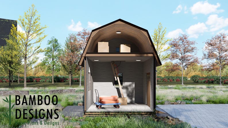 May include: Architectural rendering of a small barn-style structure with a loft, open front, and a blue hand truck. The structure has a wooden arched roof and is surrounded by trees and grass. The text "BAMBOO DESIGNS Plans & Designs" is visible.