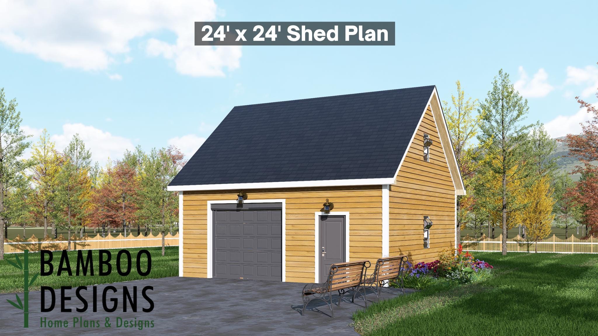 Image of Canary 24x24 Garage Shed Plan - A Two-Bay Garage with Classic Craftsmanship