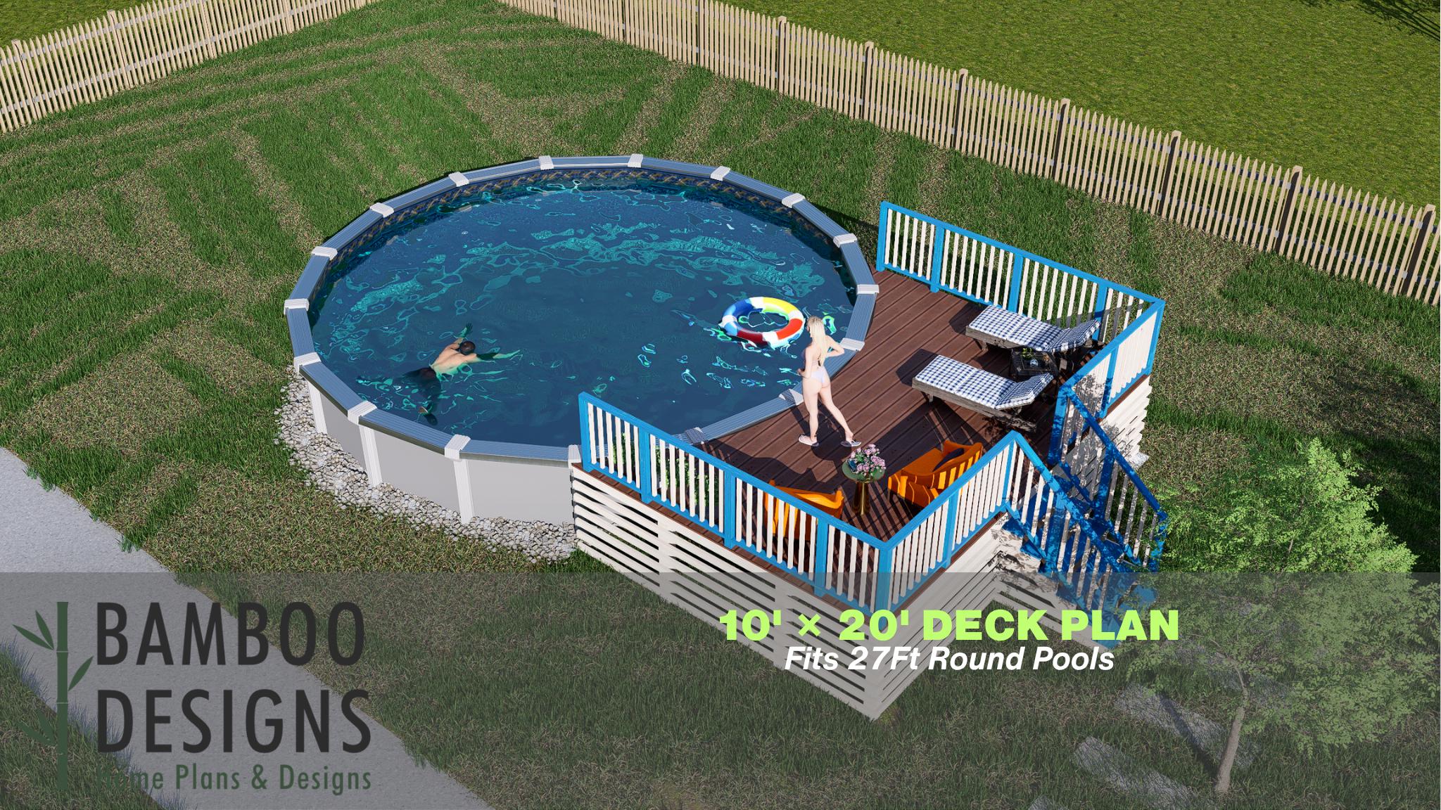 Image of Coco Lagoon Circle Pool Deck Plan - 10x20 Elevated Deck for Above-Ground Pools | DIY PDF Plans