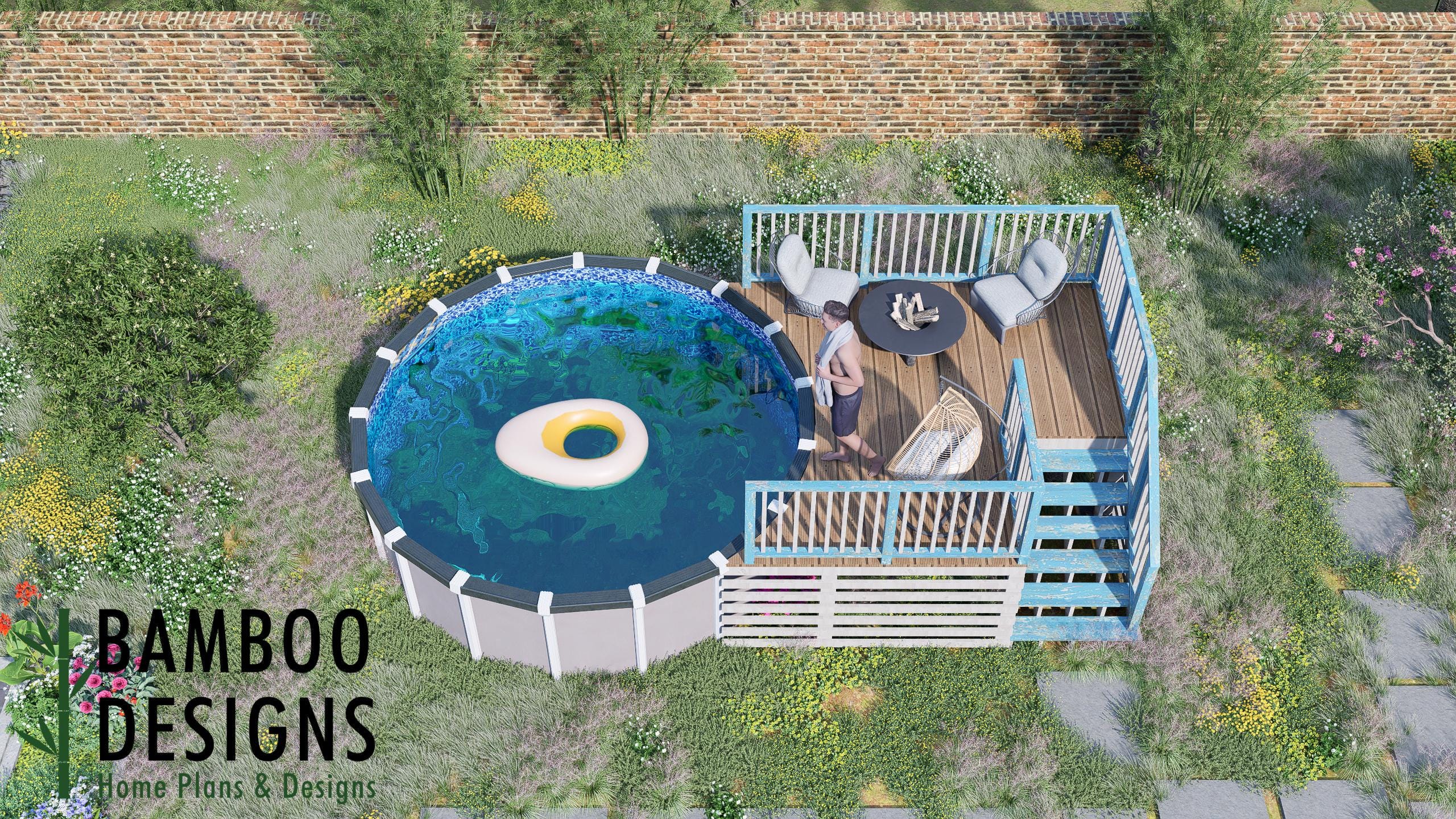 Image of Rio Circle Pool Deck Plan - 10x12 Above-Ground Pool Deck with Staircase | DIY PDF Plans for 14' Round Pools