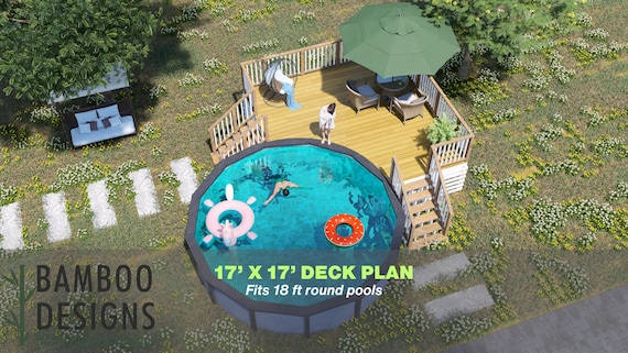 Twentynine Palms 17x17 Pool Deck Plan – Elevated Corner Deck for 18ft Above-Ground Pools | PDF + DWG DIY Plans