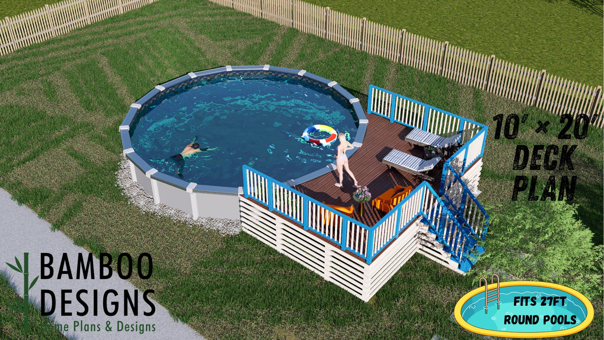 Plano de terraza circular para piscina Coco Lagoon: terraza elevada de 10 x 20 para piscinas elevadas / Planos en PDF para bricolaje