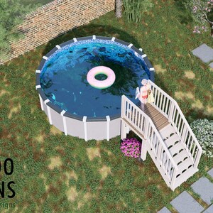 May include: An above-ground pool with a pink inflatable ring floats in the blue water. A white wooden staircase leads to the pool. The image includes the text "BAMBOO DESIGNS". The pool is surrounded by green grass and a brick wall.