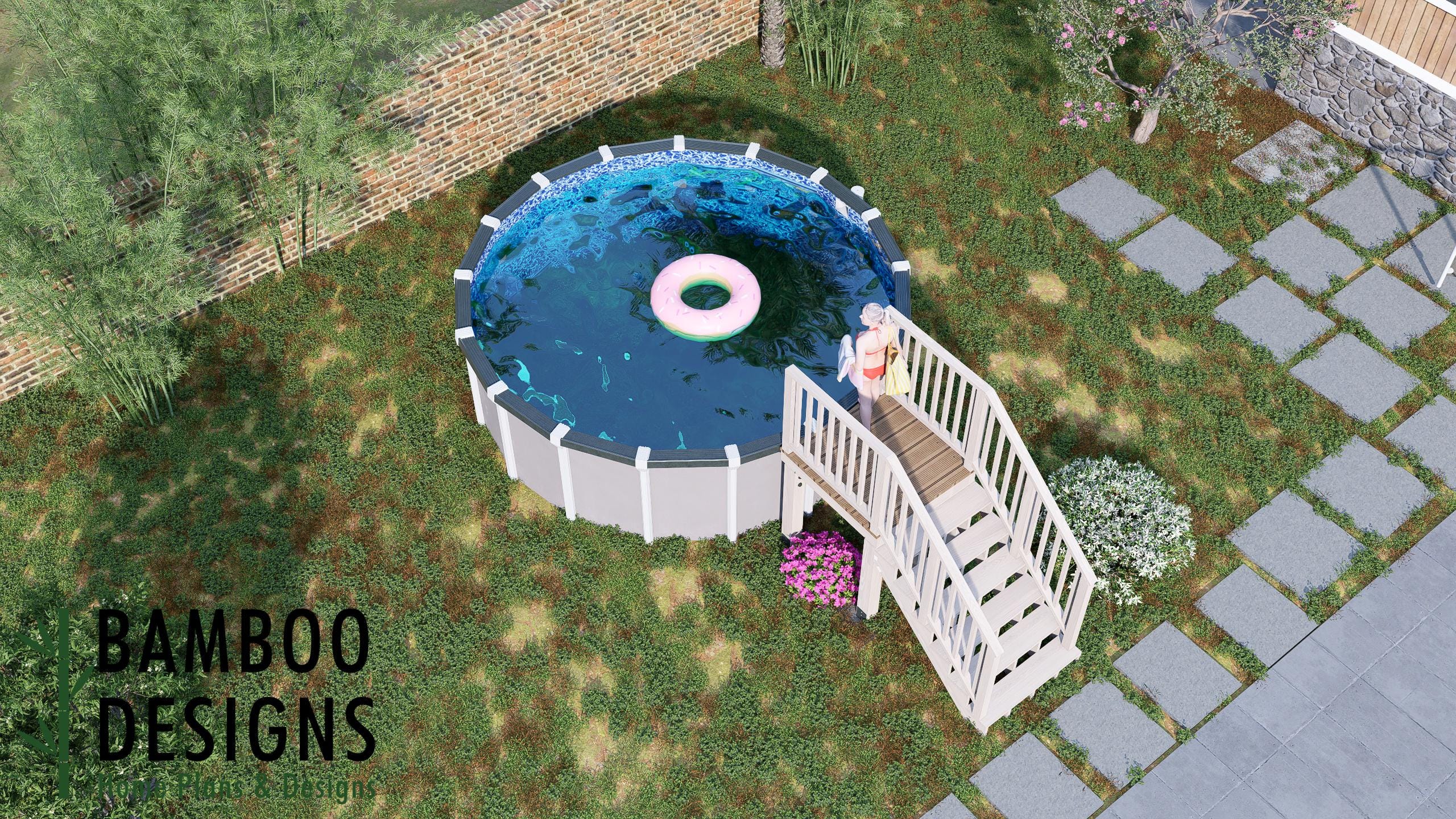 Image of Kai Circle Pool Deck Plan - 4x4 Compact Above-Ground Pool Entry Deck for 14' Round Pools with 5-Step Staircase | DIY PDF Plans