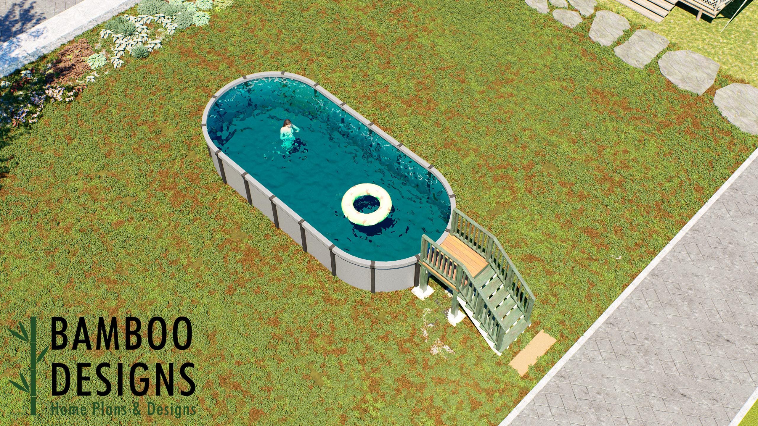 Image of Lupin Oval Pool Deck Plan - 4' x 4' Compact Above-Ground Pool Entry Deck for 12' x 27' Oval Pools | DIY PDF Building Plans