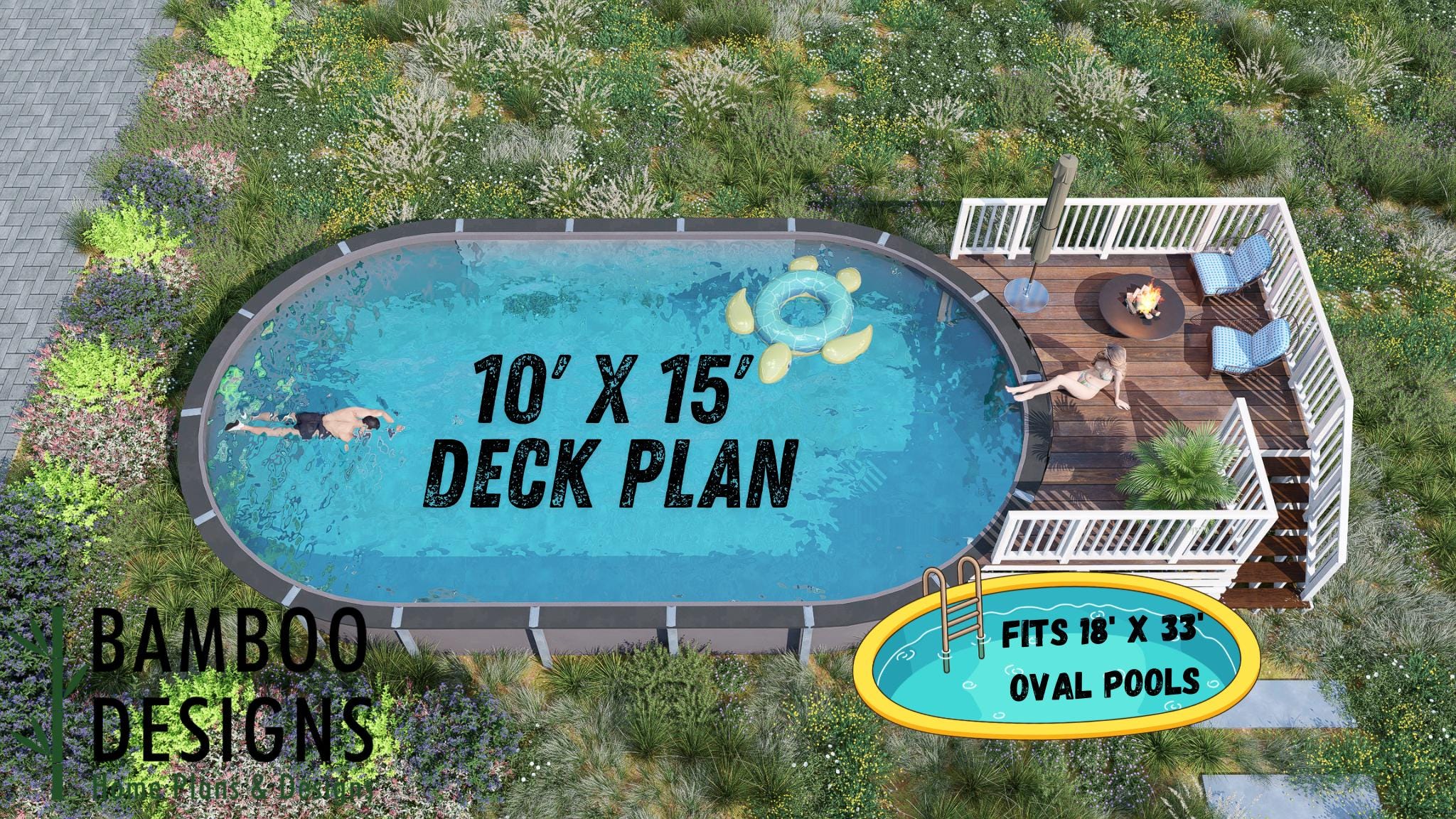 Image of Scottsdale 18x33 Oval Pool Deck Plan - 10x15 Luxury Above-Ground Pool Deck with Lounge Space | DIY PDF Plans