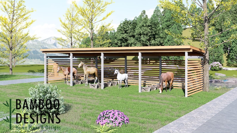 Oberlin 12x48 Horse Paddock Plan — Extra-Large Run-In Shelter for Horses & Livestock plan by Bamboo Designs