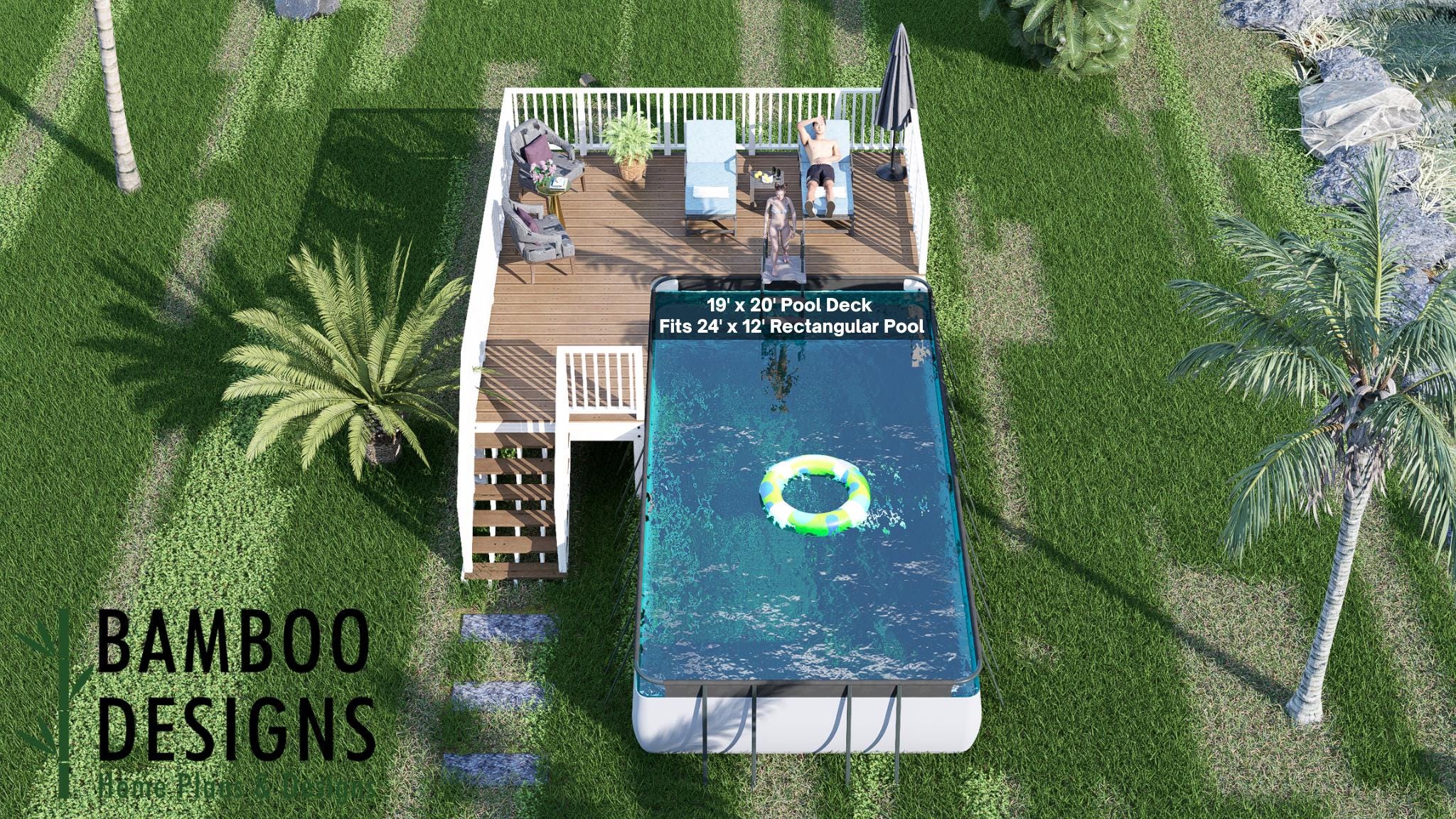 Image of Suncoast Pointe 19x20 Rectangle Pool Deck Plan - Modern Above-Ground Pool Deck with Railings & Staircase | DIY PDF