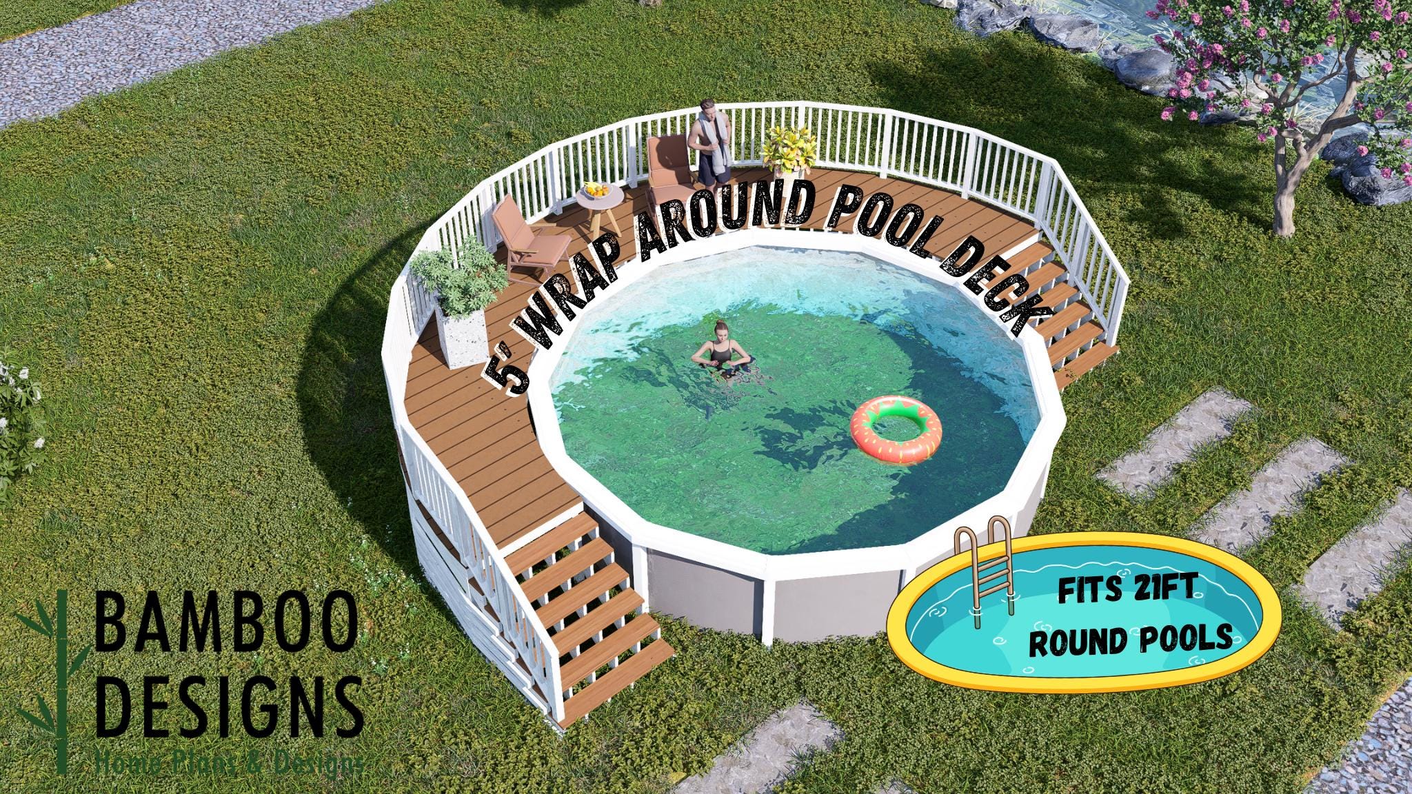 Image of Lantana Circle Pool Deck Plan - 5' Wrap Around Pool Deck with 2 Staircases | DIY PDF Plans