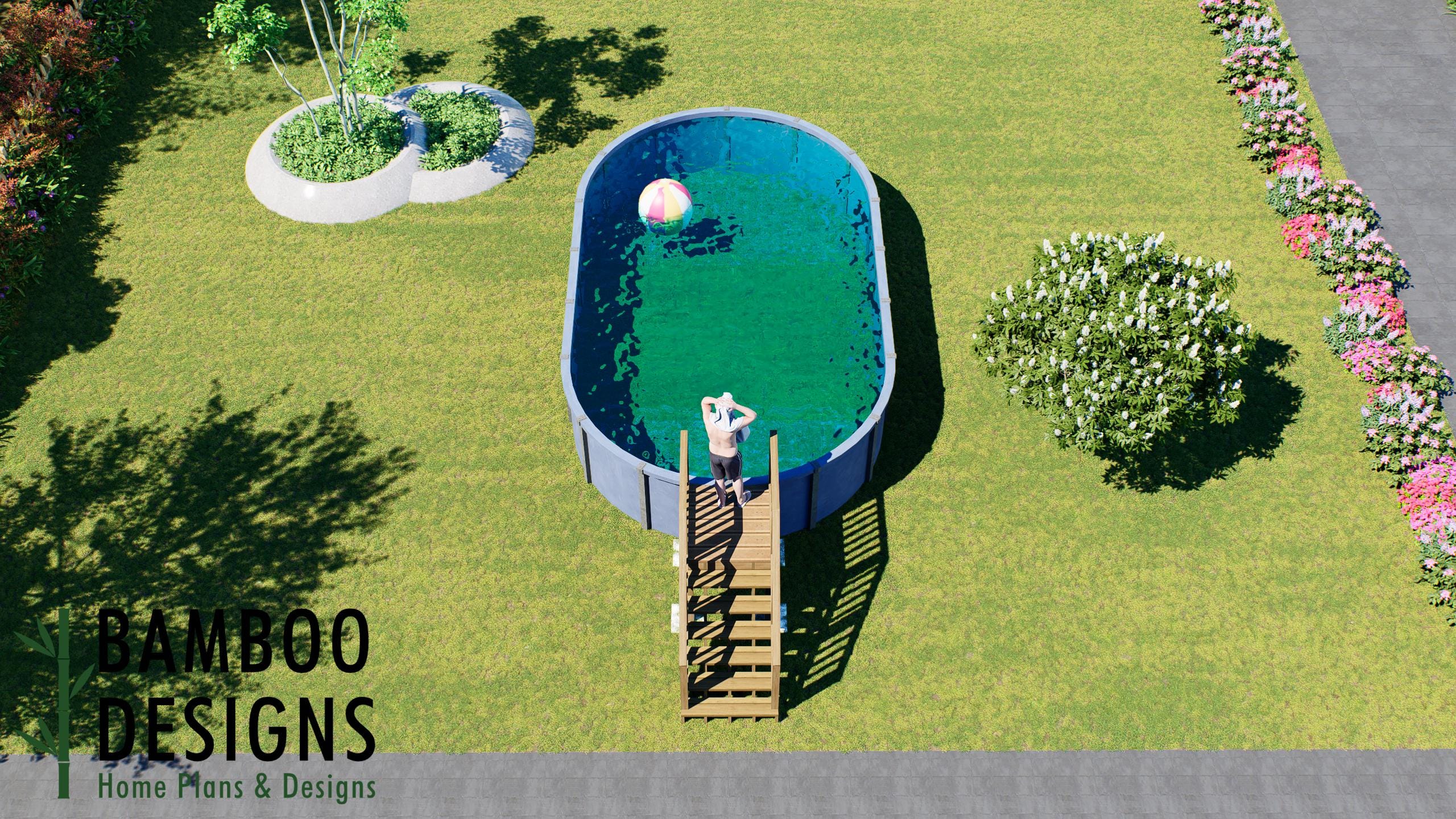 Image of Grayson Oval Pool Deck Plan - 4x4 Compact Above-Ground Pool Entry Deck with Staircase | DIY PDF Plans