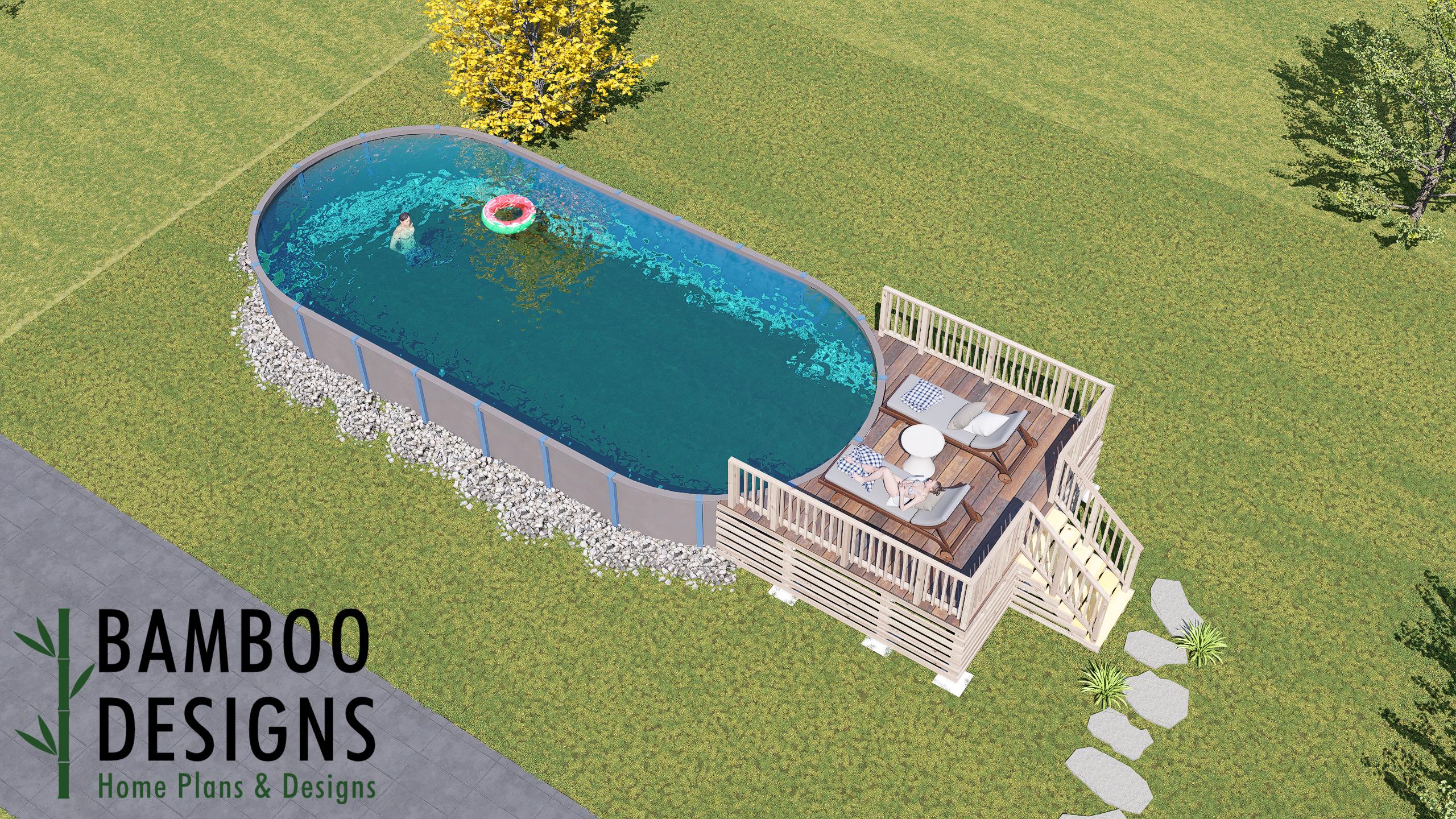 Image of Tilder Oval Pool Deck Plan - 10'x15' Above-Ground Entry Deck for 18'x40' Oval Pools with Staircase | DIY PDF Plans