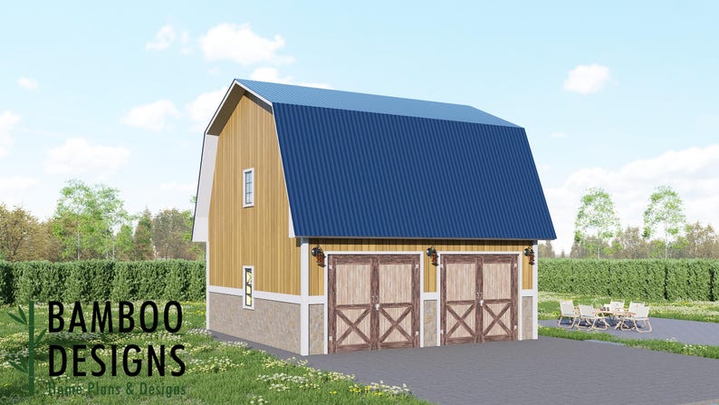 Pyla Gambrel Garage Plan Option 3- 24x24 Barn-Style Two-Car Garage with Loft Potential plan by Bamboo Designs