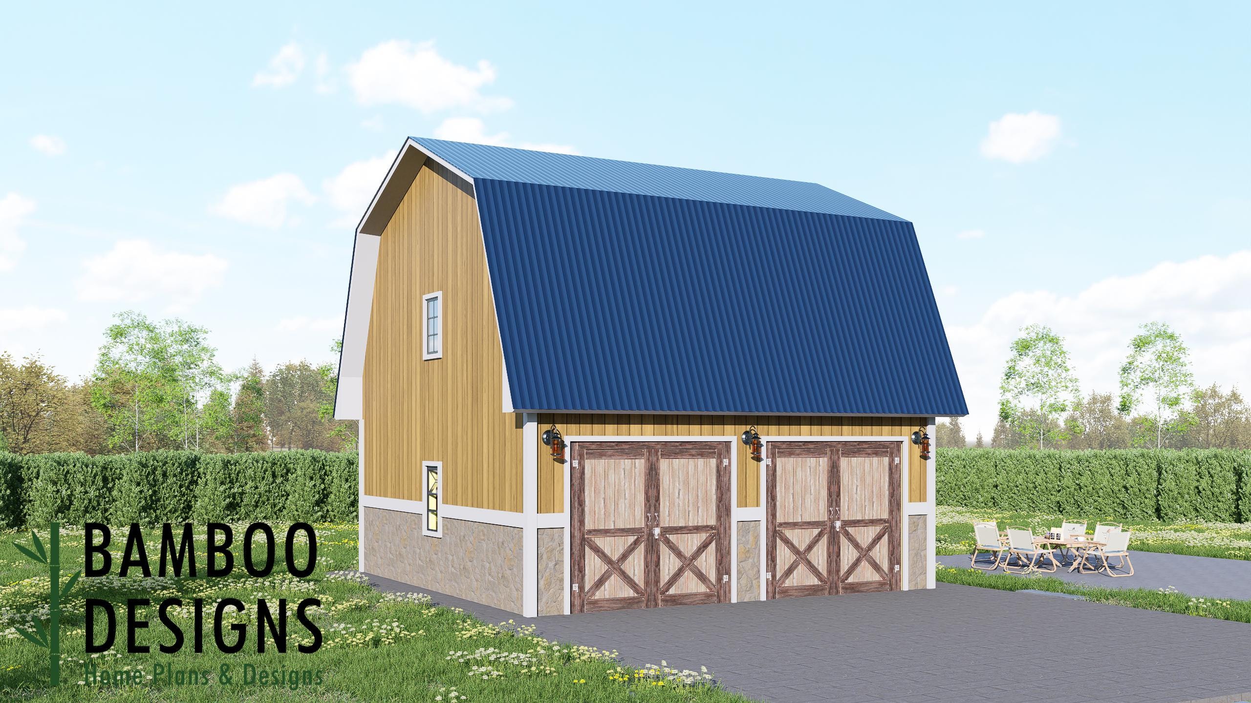 Image of Pyla Gambrel Garage Plan Option 3- 24x24 Barn-Style Two-Car Garage with Loft Potential | DIY Workshop & Storage Building Plans