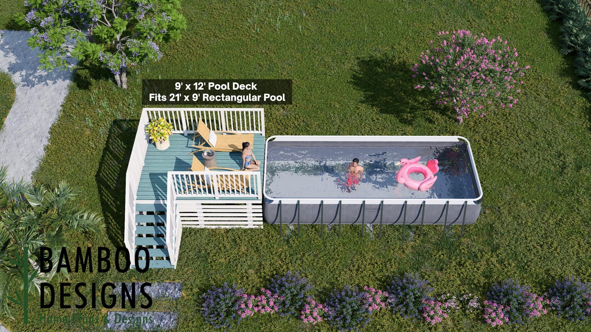 Image of Tulsa 21x9 Pool Deck Plan - 9x12 Above-Ground Pool Entry Deck with Platform and Railings | DIY PDF Plans