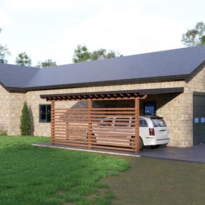 Hyper Modern 12x20 Carport Blueprint – Lean to Wall Sloped Roof Design – Car Shelter for DIYers – PDF Plans with Optional Privacy Screen