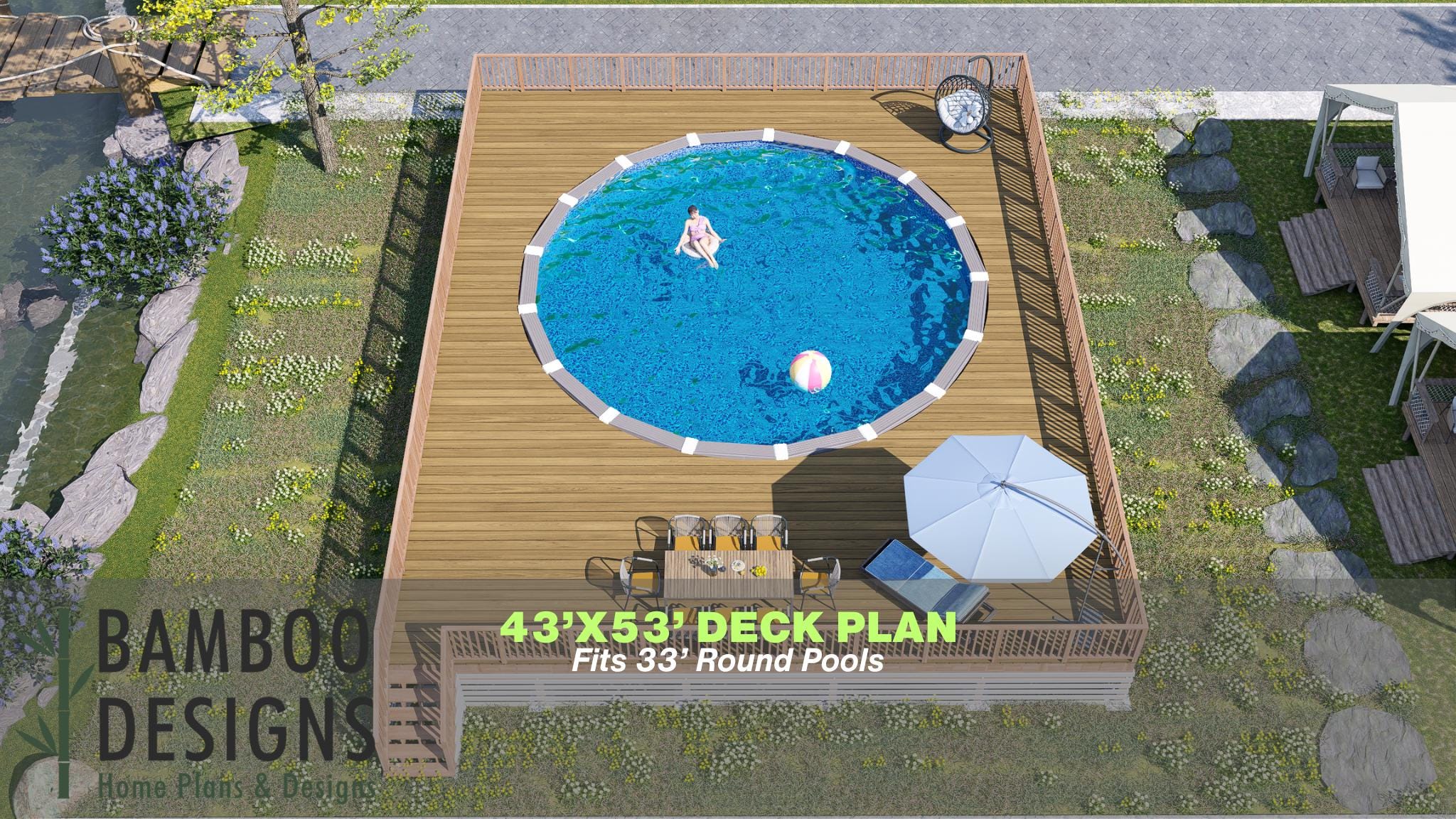 Image of Kilian Pool Deck Plan - 43'x53' Luxury Above-Ground Pool Deck for 33' Round Pools with Stair Access | DIY PDF Plans