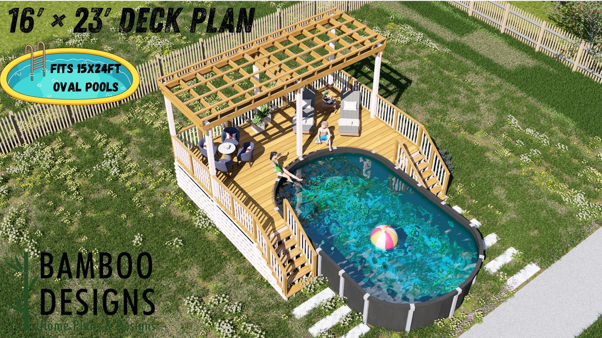 Image of Gimli Oval Pool Deck Plan - 16x23 Deck for 15x24 Above-Ground Pools