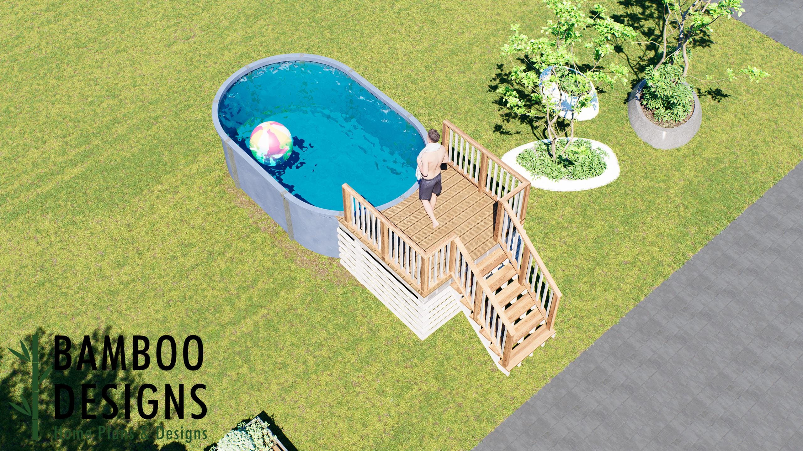 Image of Lamine Oval Pool Deck Plan - 6' x 8' Above-Ground Pool Entry Deck for 10' x 16' Oval Pools with Staircase | DIY PDF Plans