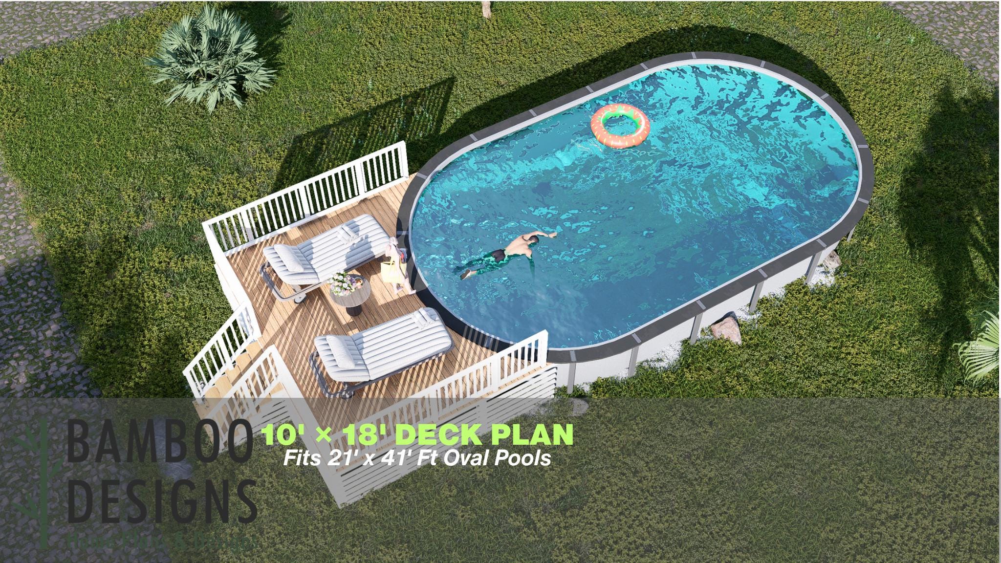 Image of Lemon Cove Oval Pool Deck Plan - 10x18 Elevated Deck with 6-Step Entry | DIY PDF Plans