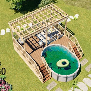 Feder Oval Pool Deck Plan - 16x20 Oberirdisches Pool Deck mit Treppe & Hinterhof-Unterhaltungsfläche | DIY PDF Pläne