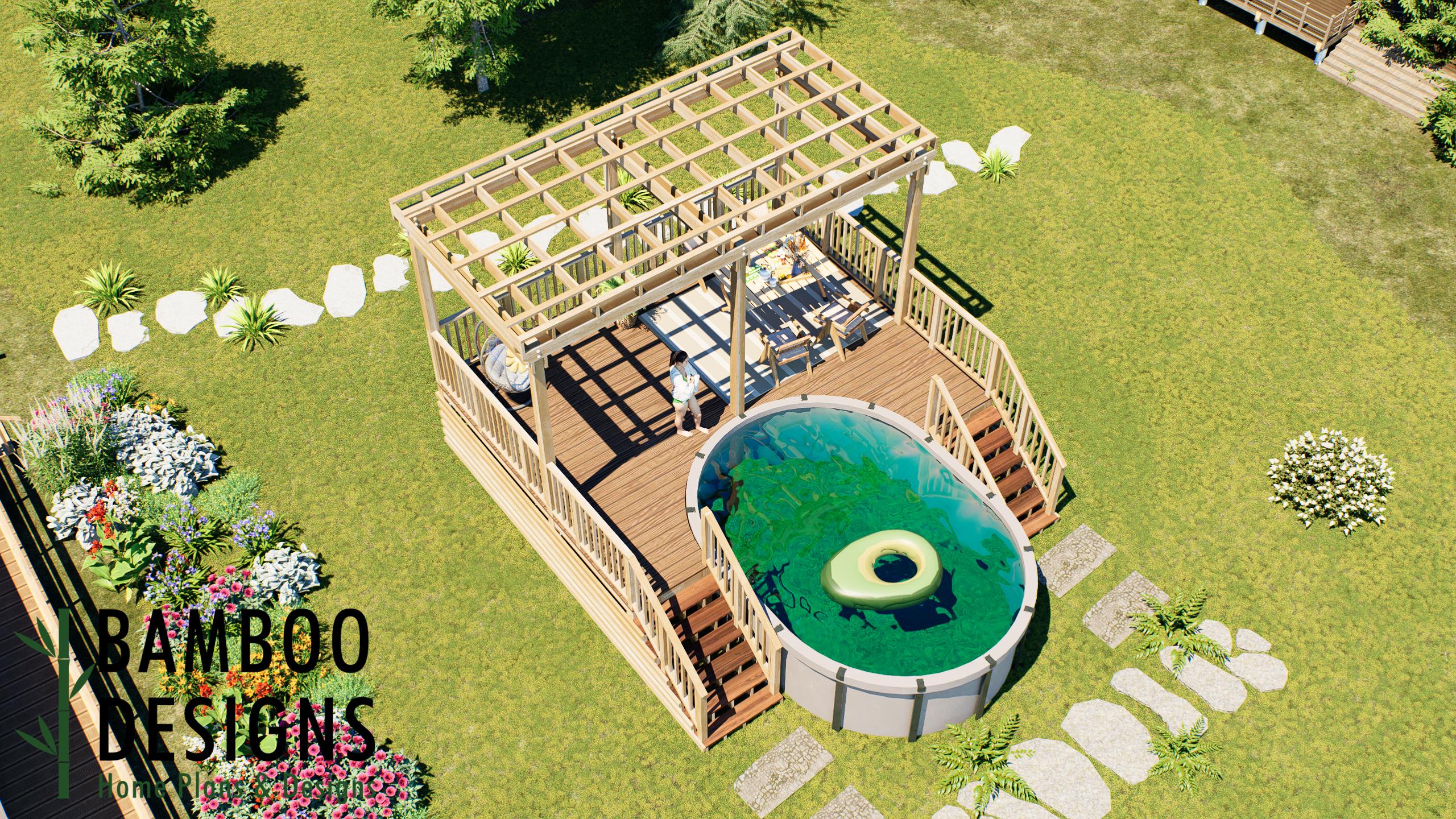 Image of Feder Oval Pool Deck Plan – 16x20 Above-Ground Pool Deck with Staircase & Backyard Entertainment Space | DIY PDF Plans