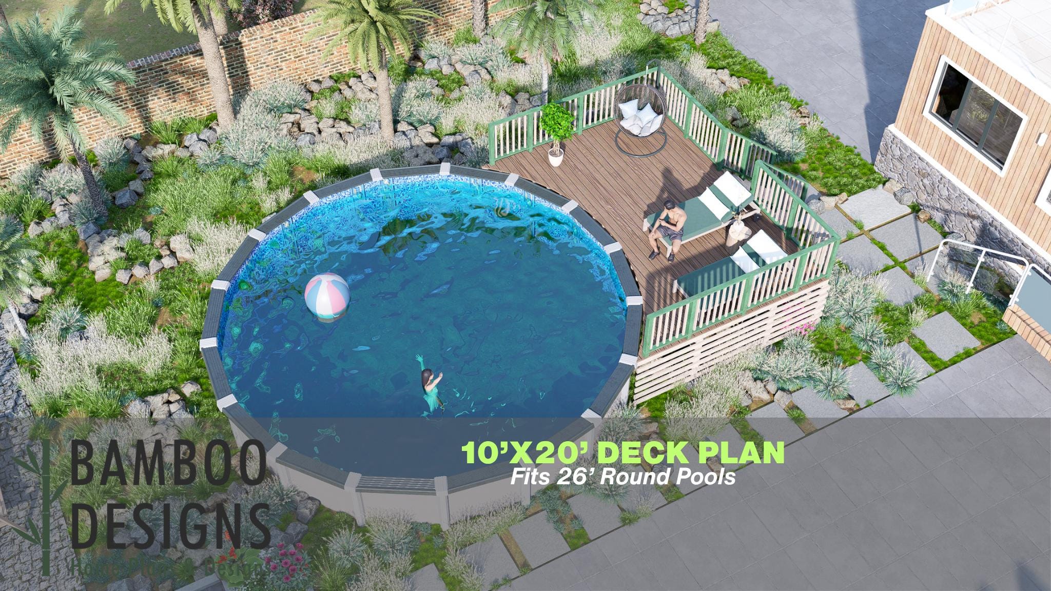 Image of Hagrid Pool Deck Plan - 10x20 Above-Ground Pool Deck for 26' Round Pools | DIY PDF Plans with Staircase & Railing Design