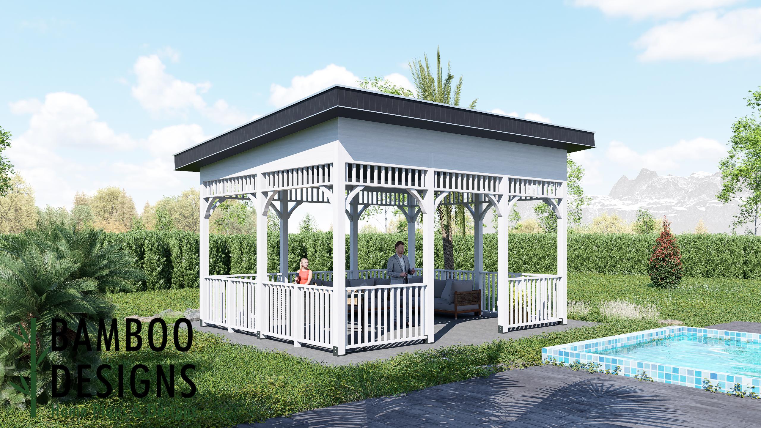 Image of Santorini 16x20 Sloped Roof Gazebo Plan - Modern Pavilion Design | DIY Outdoor Lounge or Poolside Shelter | PDF Building Plans