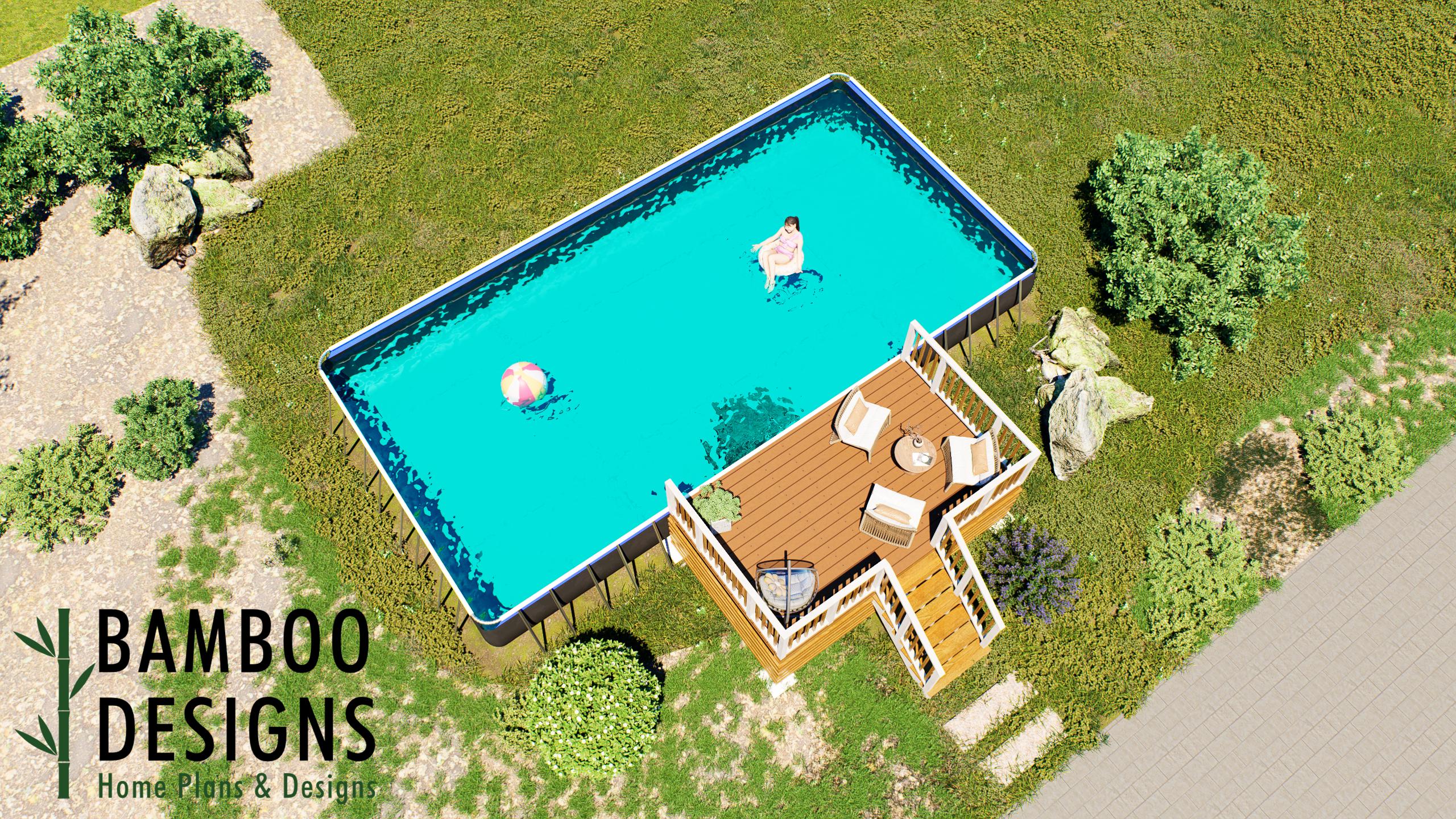 Image of Willowbrook 9x15 Pool Deck Plan — Rectangular Deck for 36' x 18' x 52" Above Ground Pool | DIY PDF Plans
