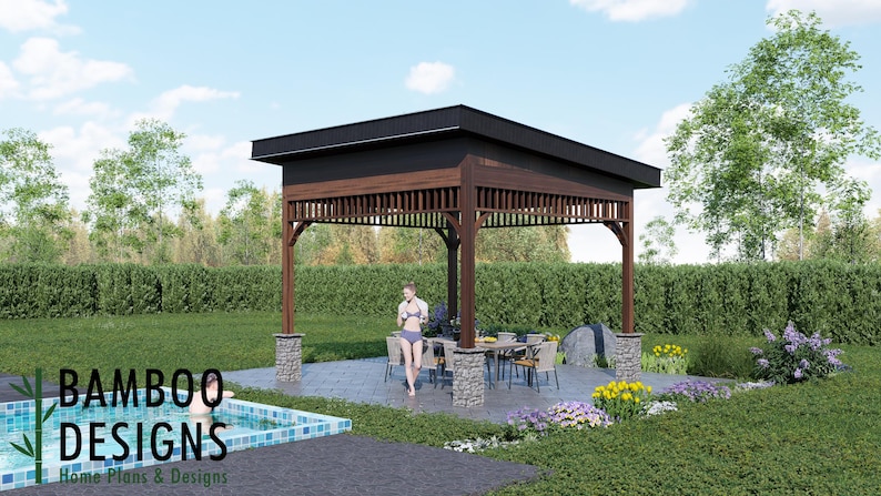 Seville 14x14 Modern Sloped Roof Gazebo plan by Bamboo Designs