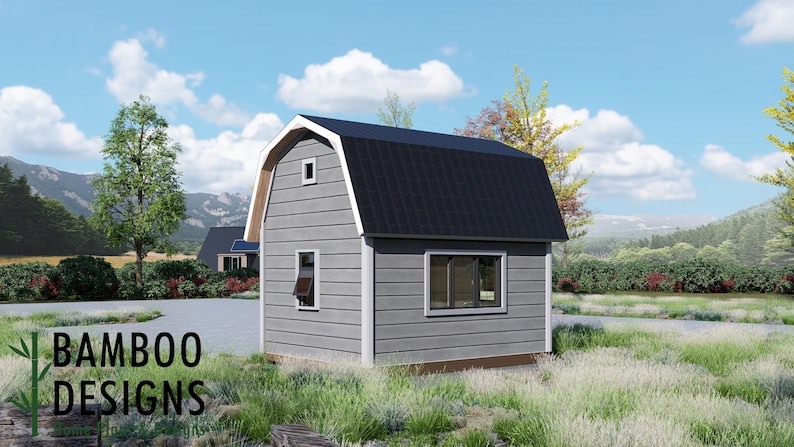 May include: A grey barn-style building with a black roof and white trim. The building has two windows and a small door. The text "BAMBOO DESIGNS" is in the lower left corner. The building is surrounded by grass and trees.