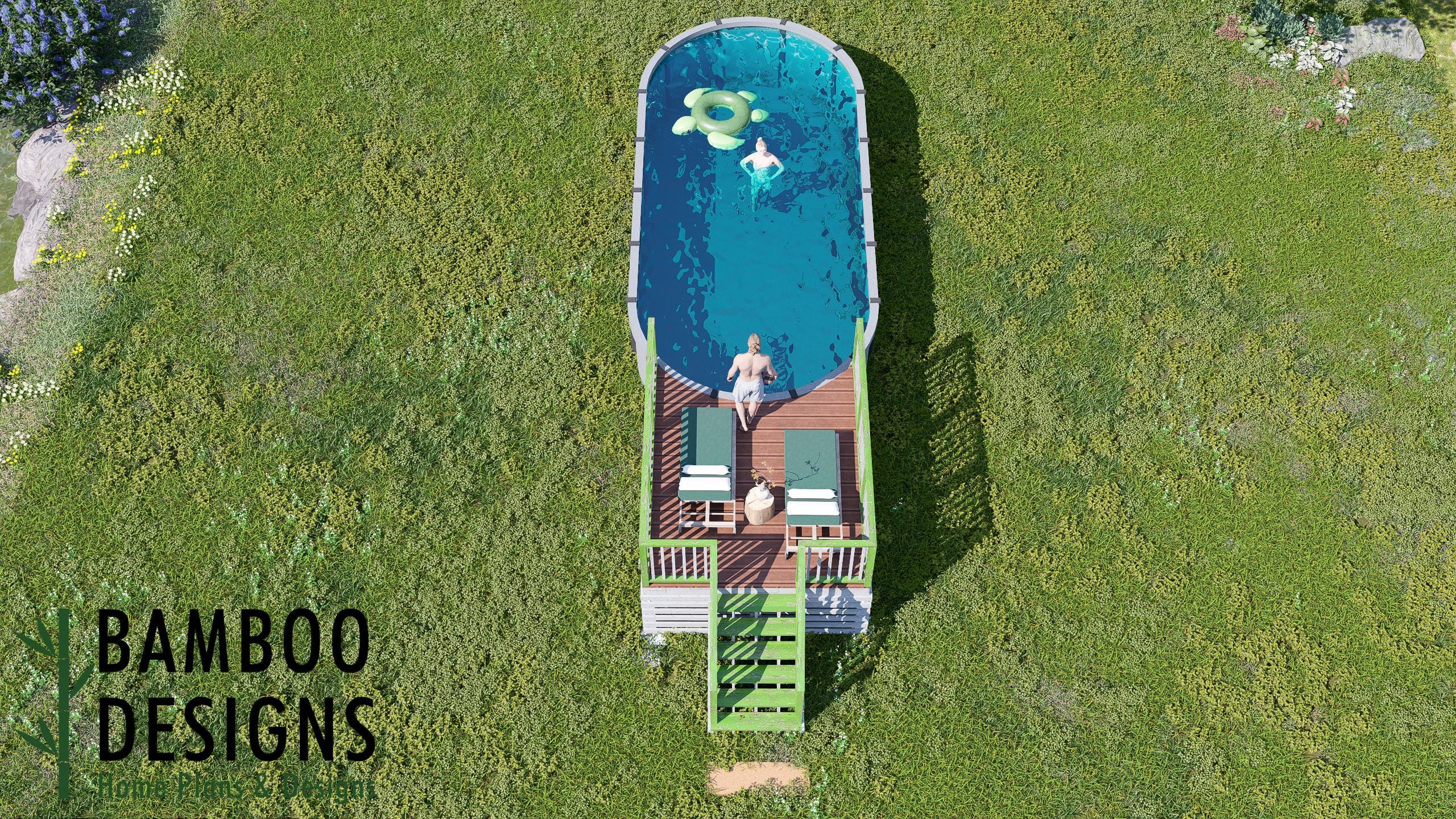 Image of Hawk Oval Pool Deck Plan - 10' x 10' Above-Ground Pool Deck for 12' x 27' Oval Pools | DIY PDF Building Plans