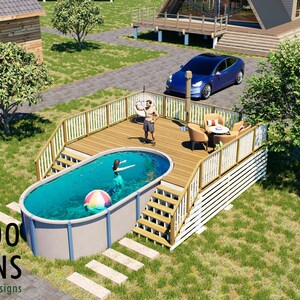 May include: A 3D architectural rendering of an oval above-ground swimming pool integrated with a wooden deck featuring white railings, stairs, patio furniture, and a colourful beach ball, with the text BAMBOO DESIGNS Home Plans & Designs visible.