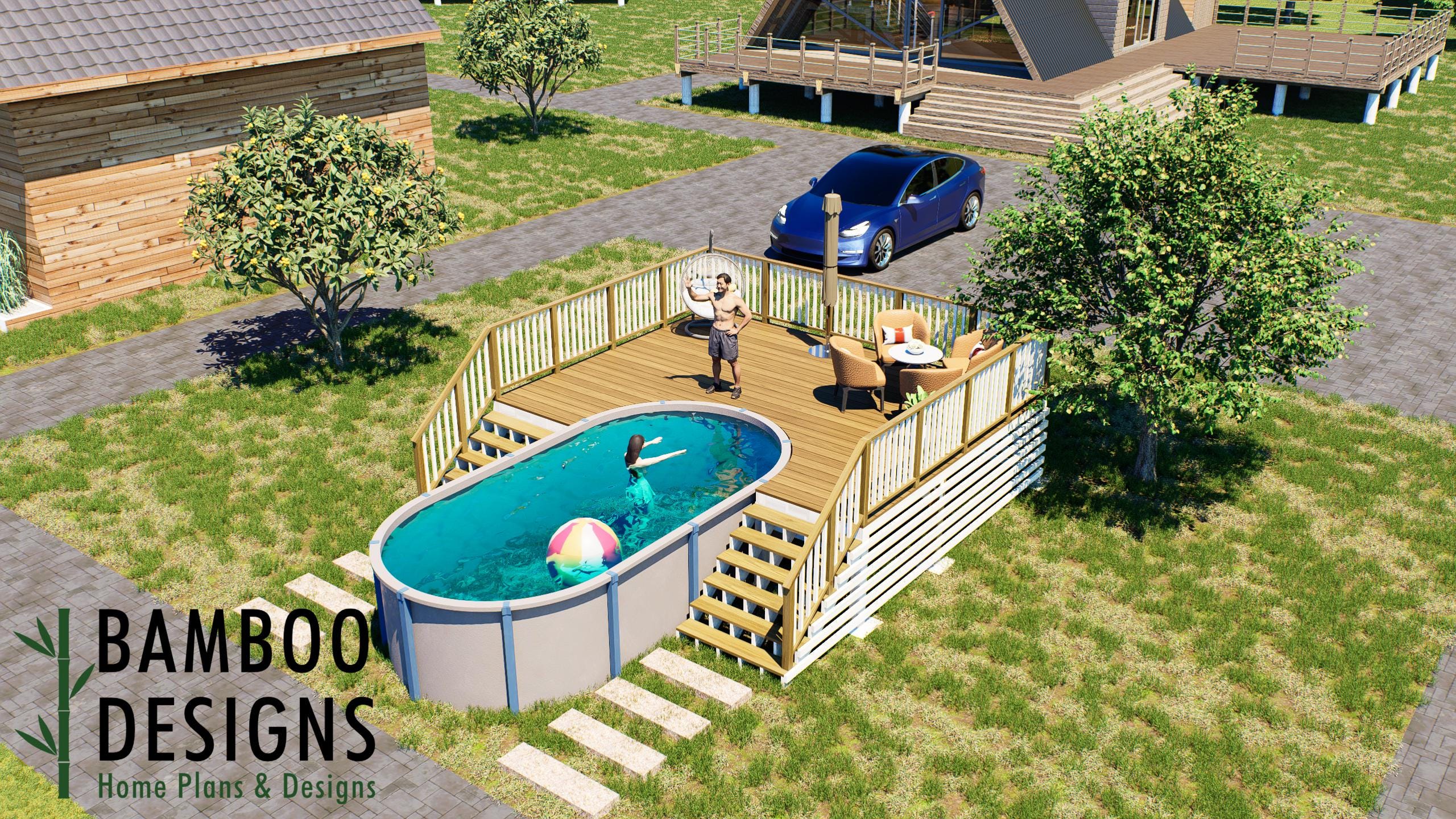 Image of Fabinho Oval Pool Deck Plan - 16' x 20' Above-Ground Pool Deck for 10' x 18' Oval Pools with Staircase | DIY PDF Plans