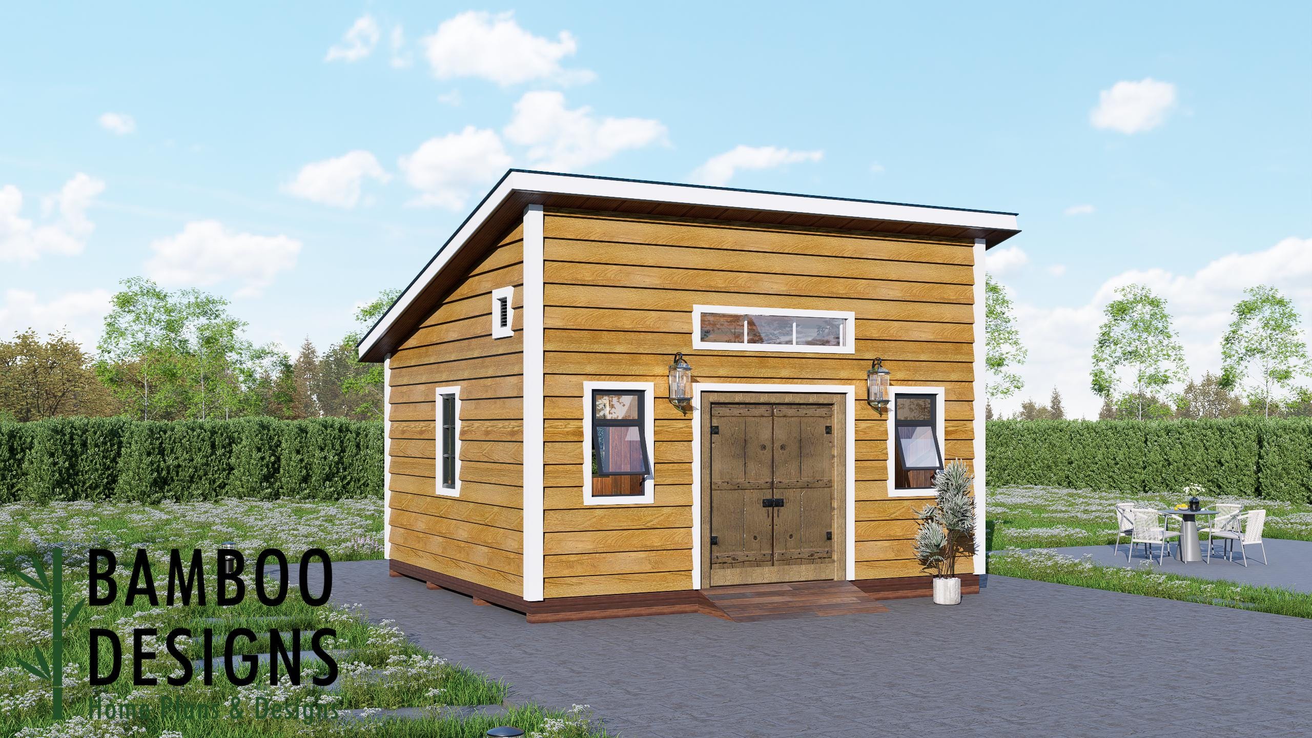 Image of Blossom 16x18 Monoslope Roof Shed Plan - Modern Backyard Studio, Workshop, or Storage Space